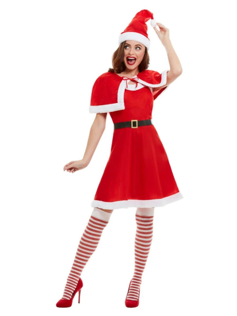 Miss Santa Costume Adult Red White Dress Cape and Hat