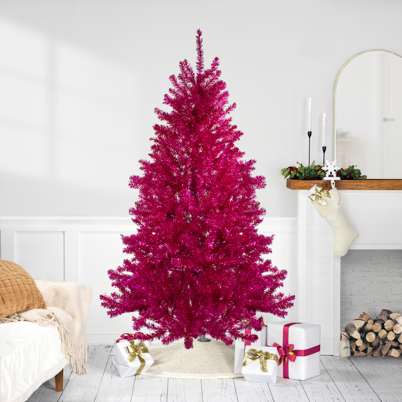 Metallic Tinsel Artificial Christmas Tree - 7' - Dark Pink