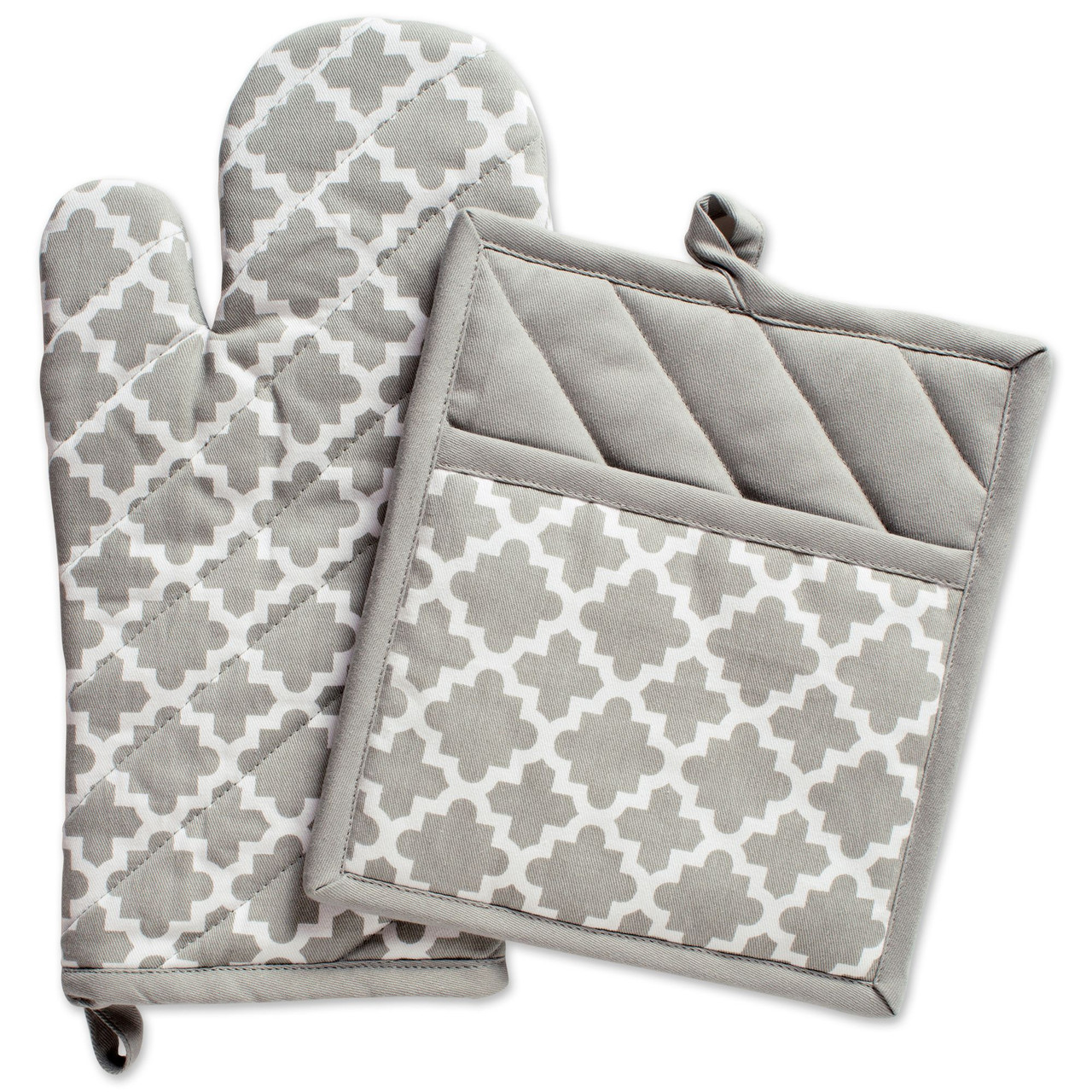 Set of 2 Gray and White Lattice Oven Mitts 13