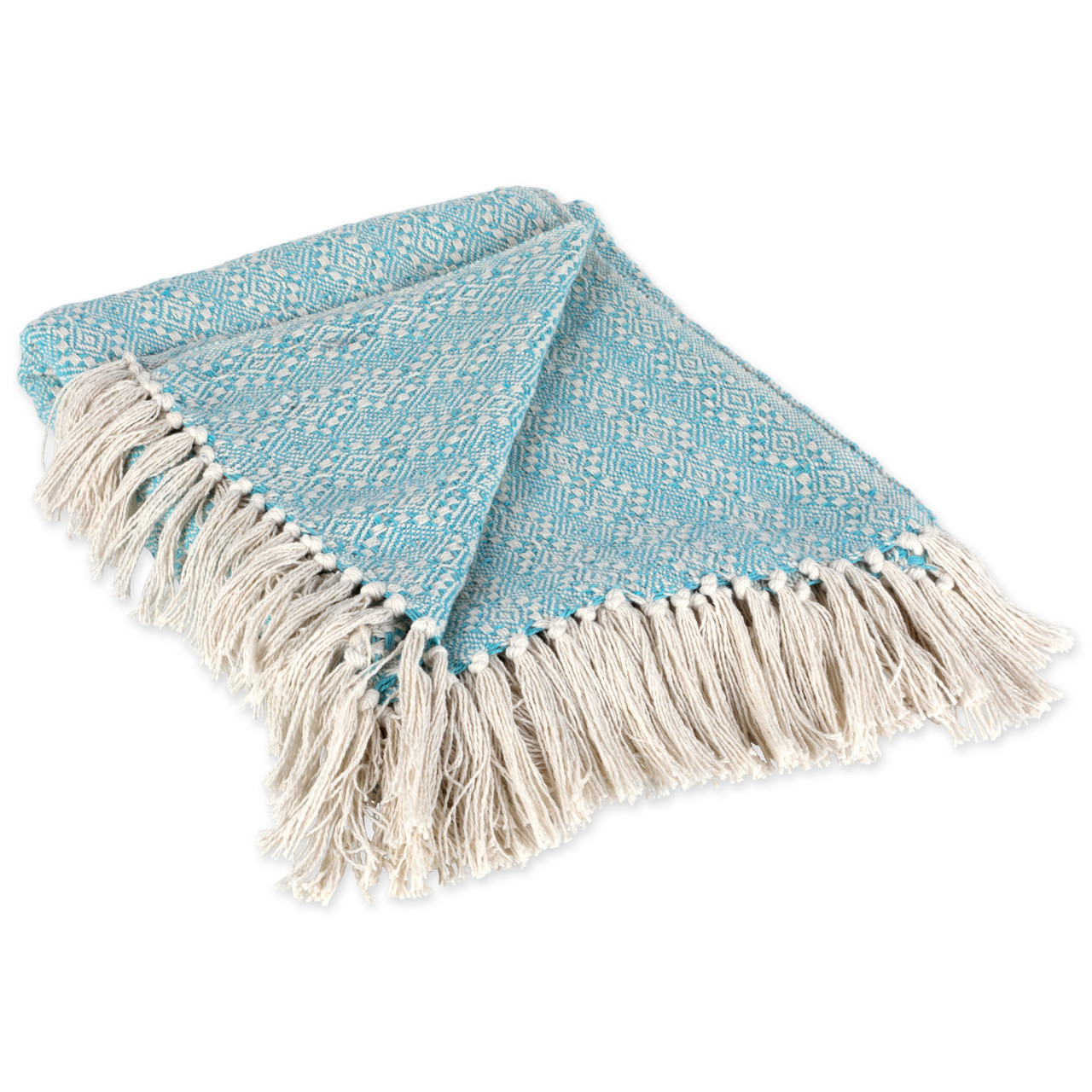 Aqua Blue White Diamond Knitted Fringed Throw Blanket 50