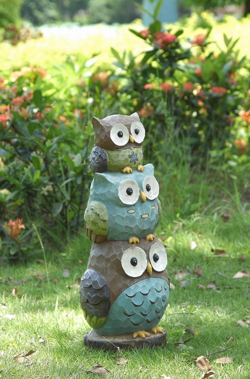 17.75 Green and Blue Three Stack of Wide-Eyed Owls Outdoor Garden Statue