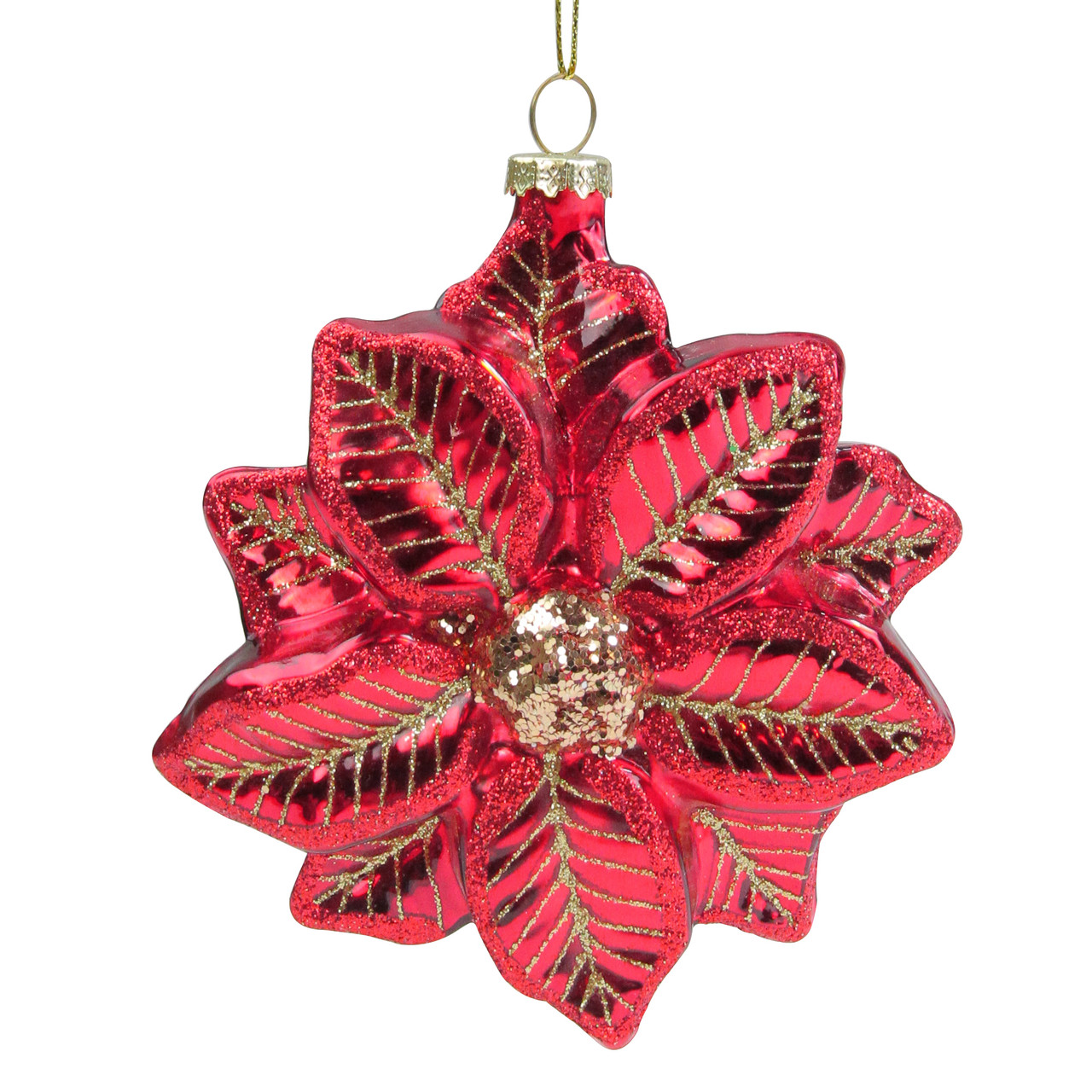 5" Red & Gold Glittery Poinsettia Glass Christmas Ornament Christmas