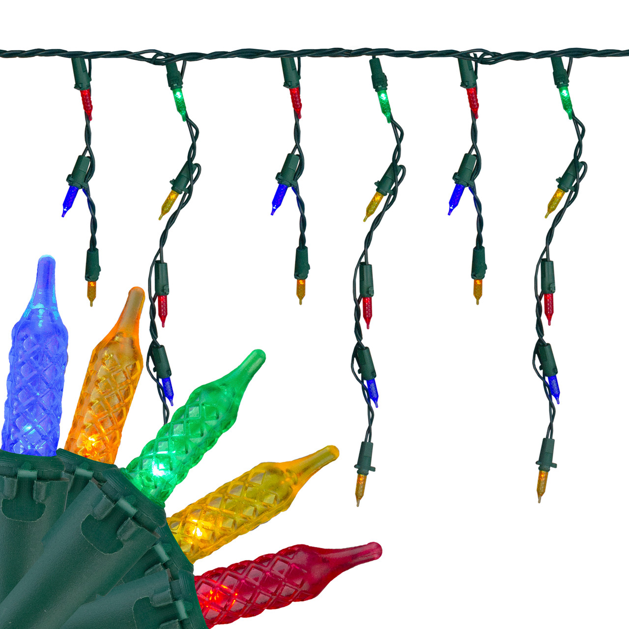 Set of 70 MultiColor LED M5 Icicle Christmas Lights 10ft Green Wire