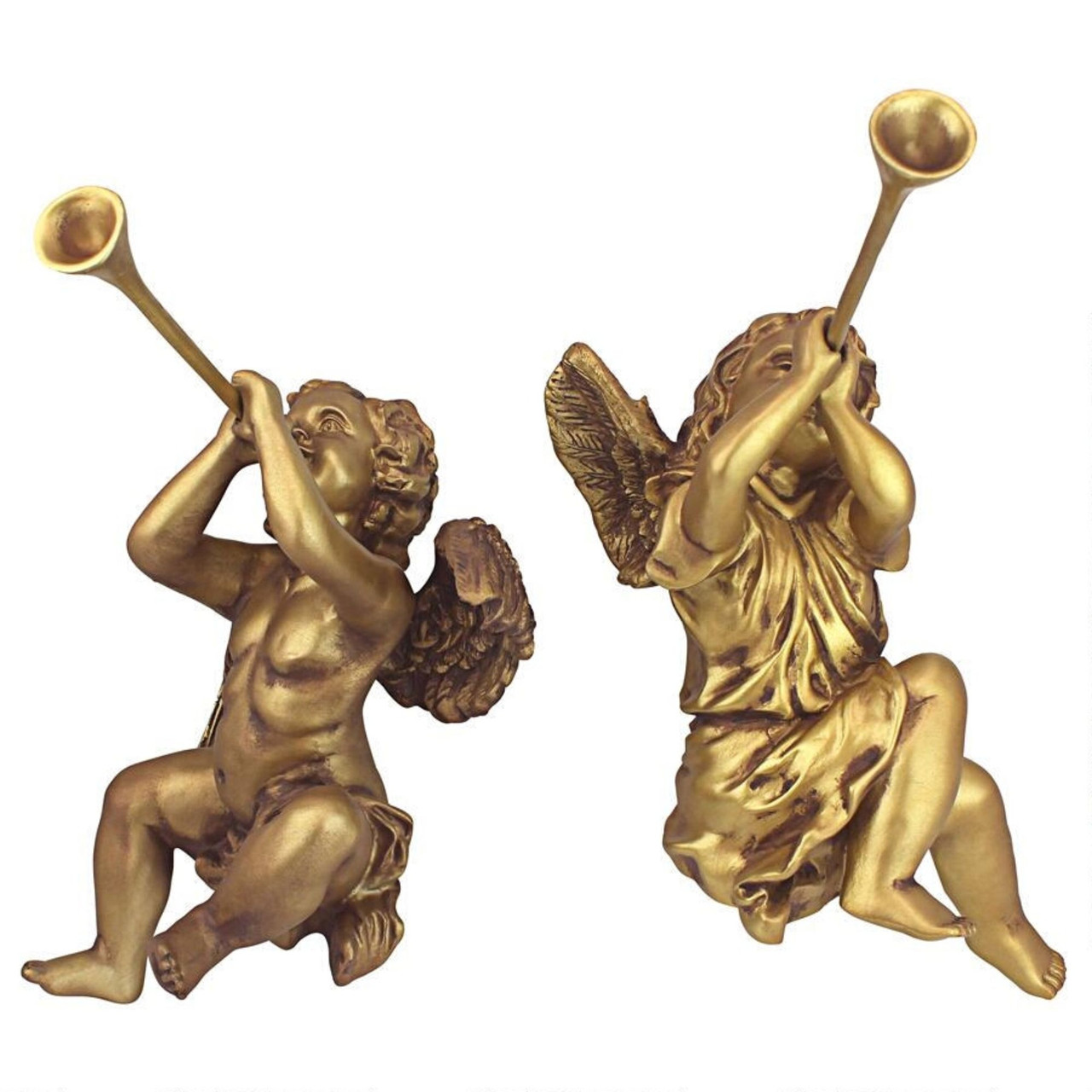 Set of 2 Gold & Brown Trumpeting Angels Outdoor Patio Garden Statues 13