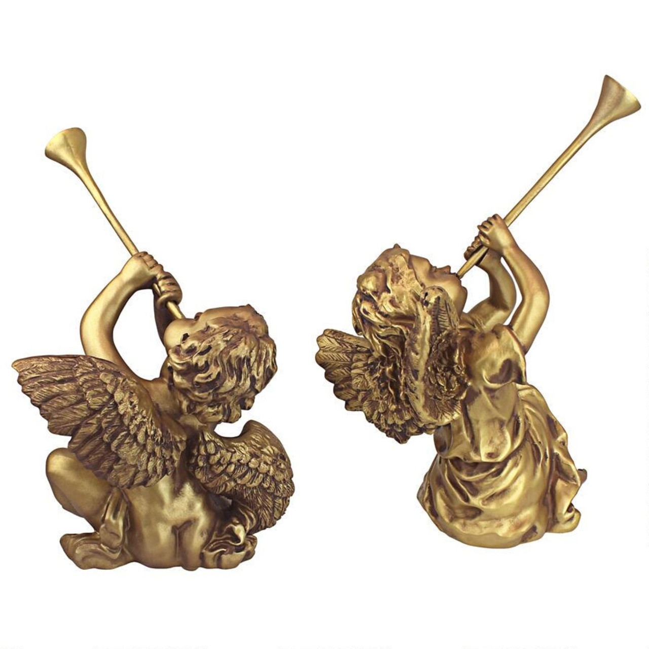 Set of 2 Gold & Brown Trumpeting Angels Outdoor Patio Garden Statues 13
