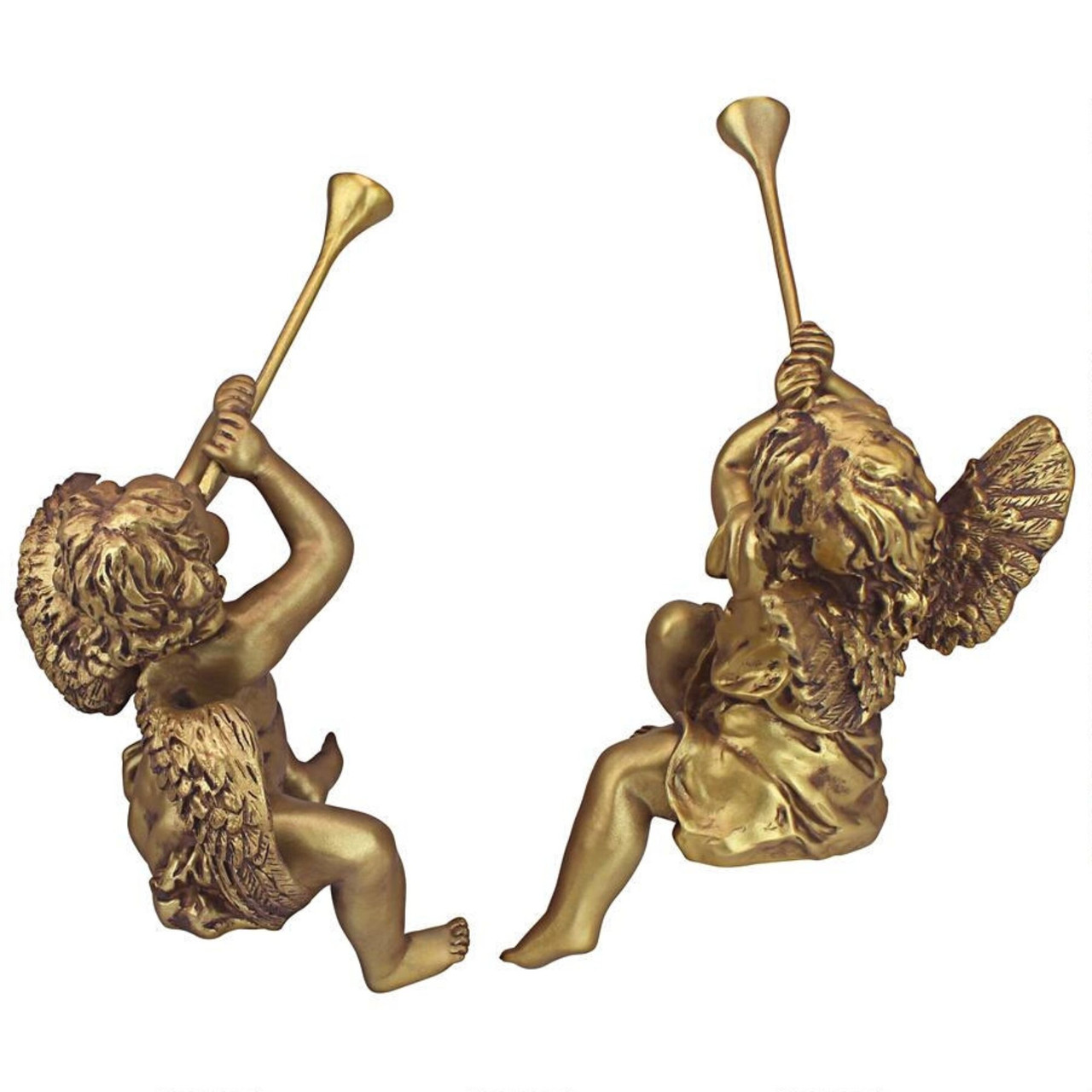 Set of 2 Gold & Brown Trumpeting Angels Outdoor Patio Garden Statues 13