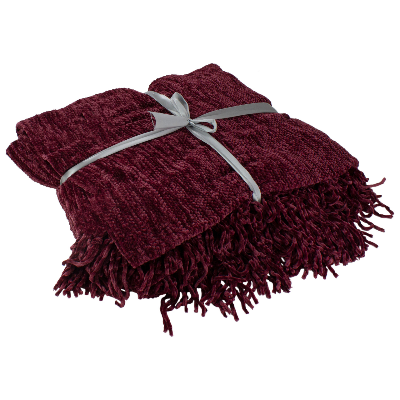 Burgundy Red Plush Chenille Throw Blanket with Fringe 50