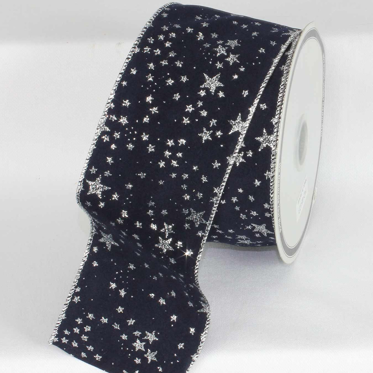 Navy Blue with Silver Stars Wired Craft Ribbon 3