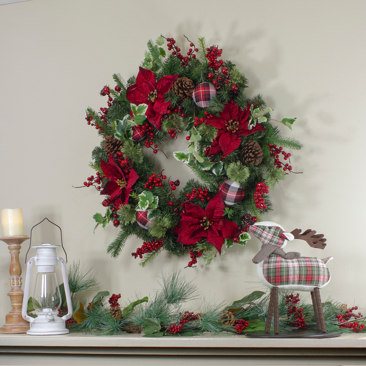 Poinsettias & Red Berries Artificial Christmas Wreath - 30-Inch, Unlit ...