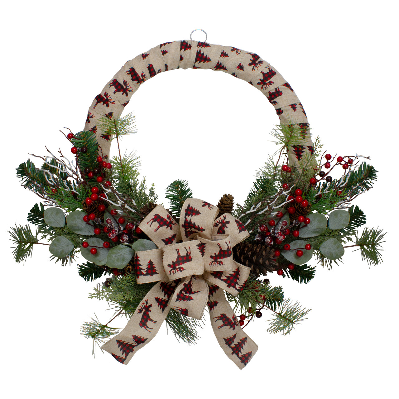 Northlight Black and White Plaid Winter Greenery Artificial Christmas  Wreath, 18-Inch, Unlit