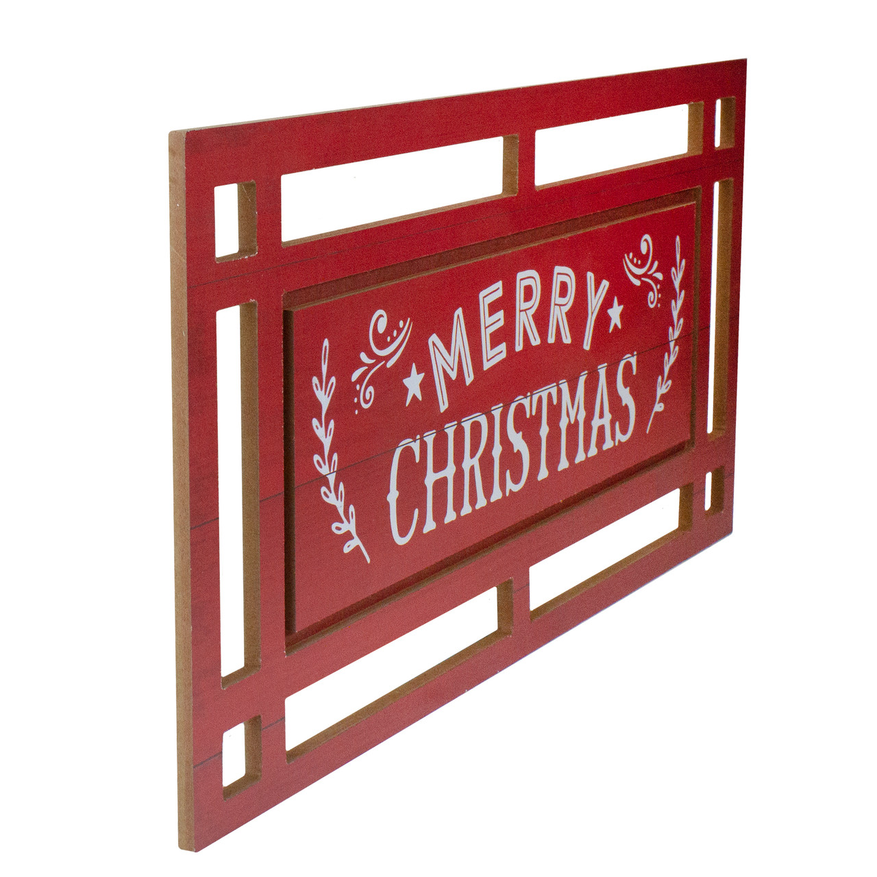 24” Red & White Merry Christmas Rectangular Carved Wooden Wall Sign