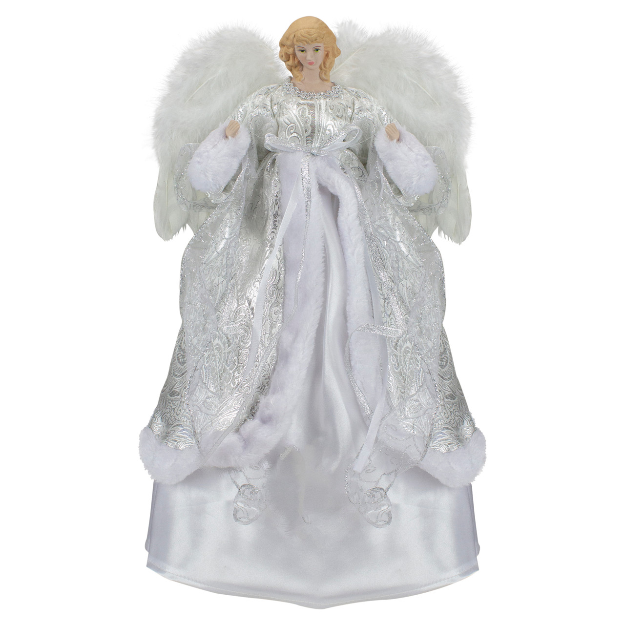 Northlight 18 inch Lighted White and Silver Angel in A Dress Christmas Tree Topper - Warm White Lights