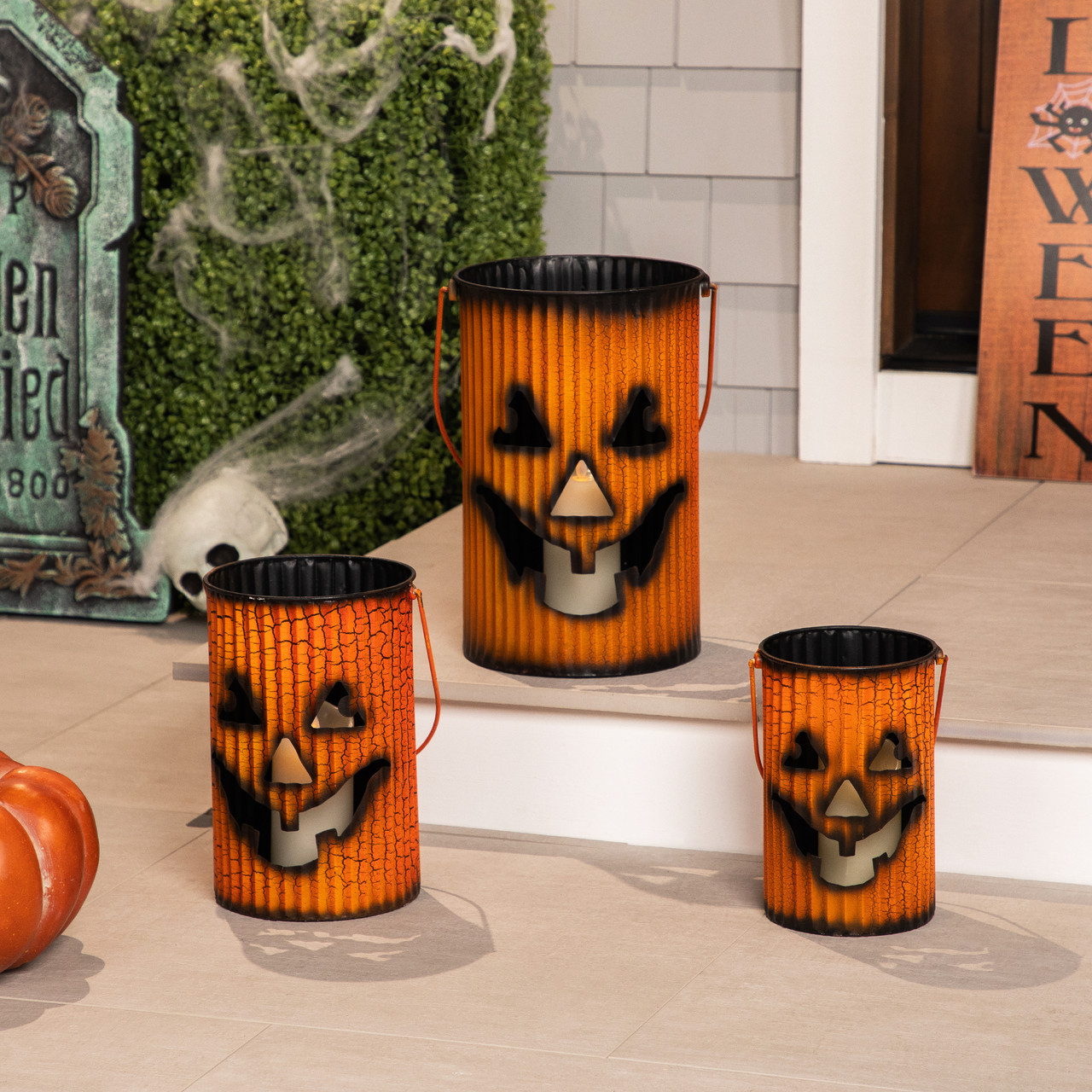 Metal Jack O' Lantern Lantern Set Halloween Decoration - Orange