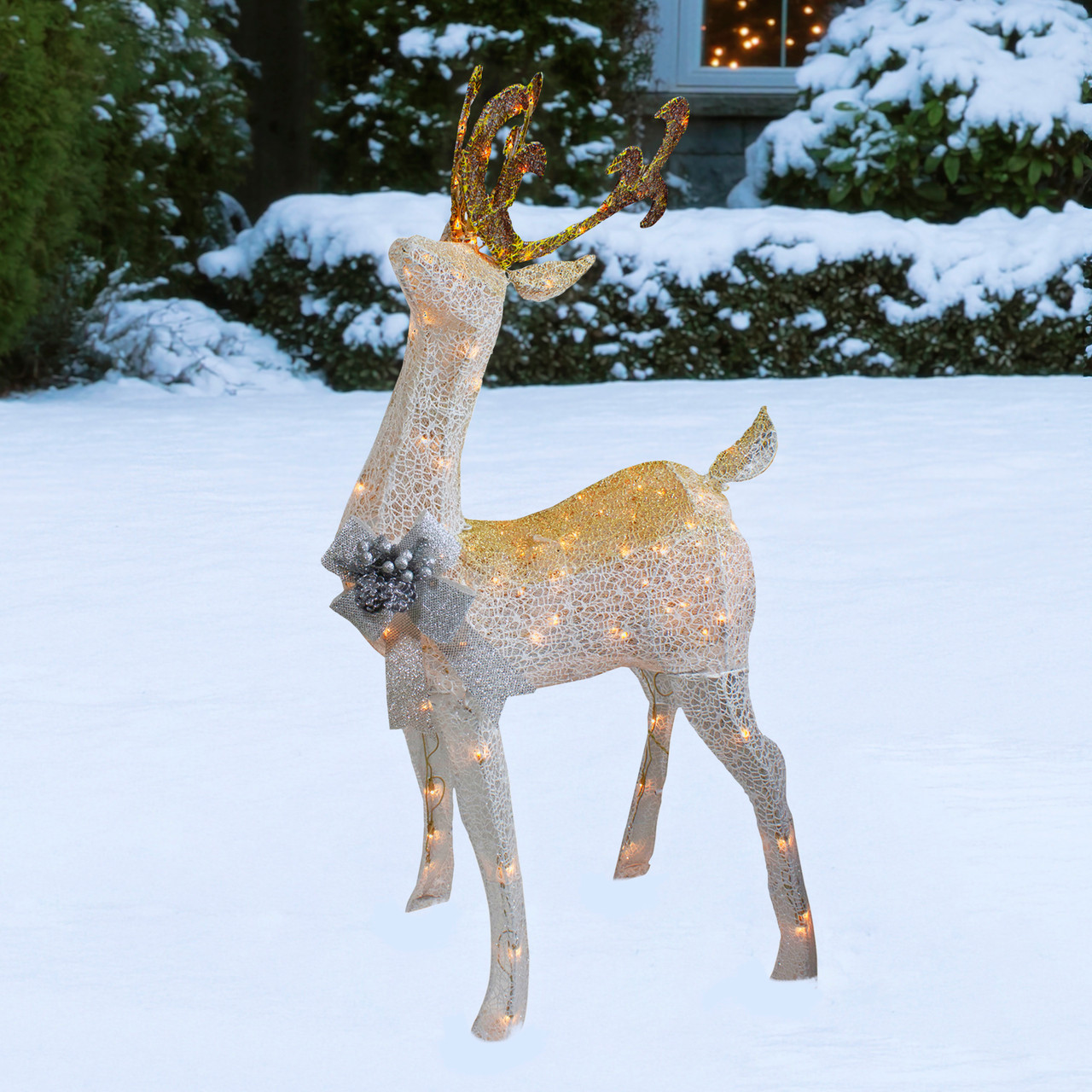 48" White & Gold Lighted Standing Buck Outdoor Christmas Decor