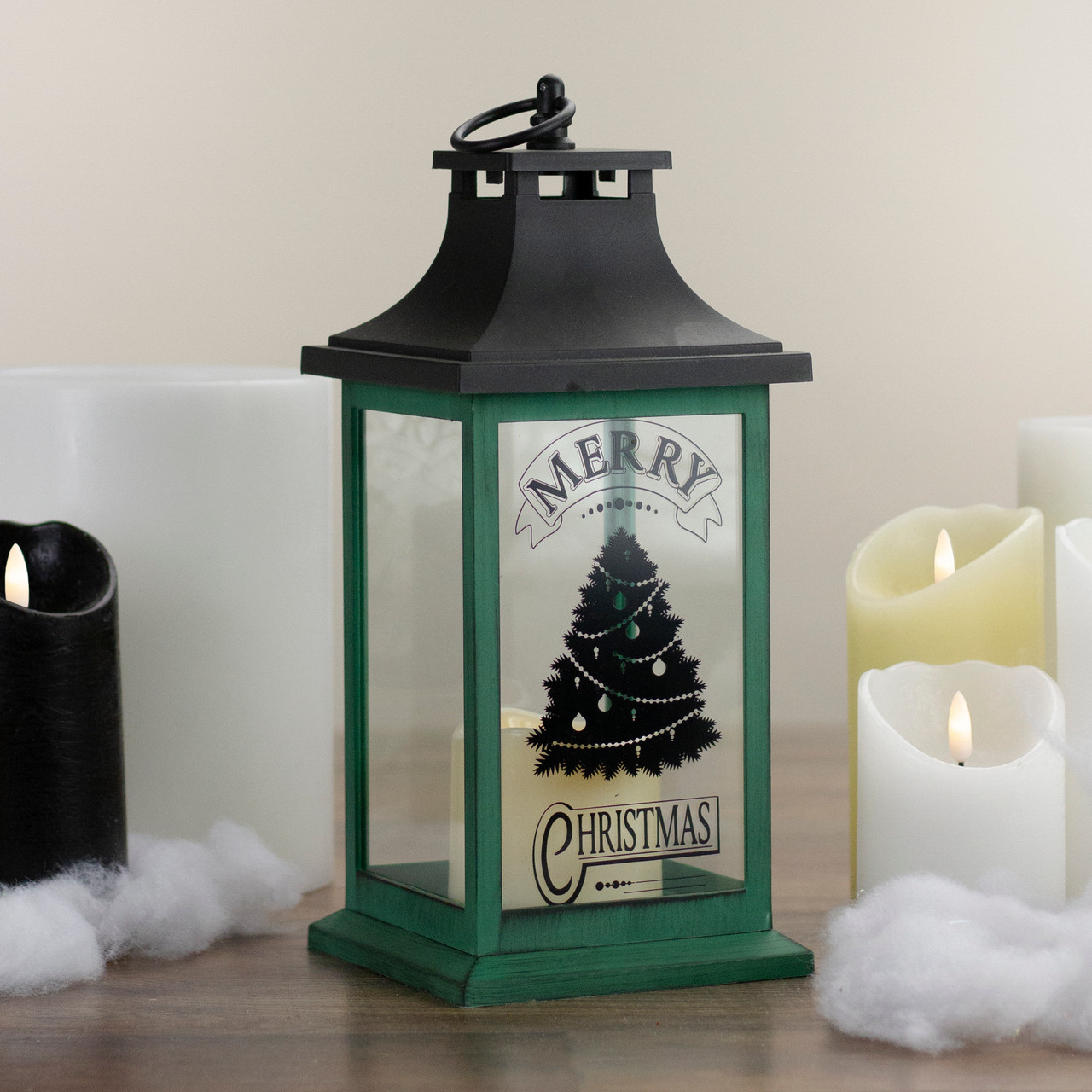 Black Lantern with Flameless Candle - 12 inch, Realistic 12