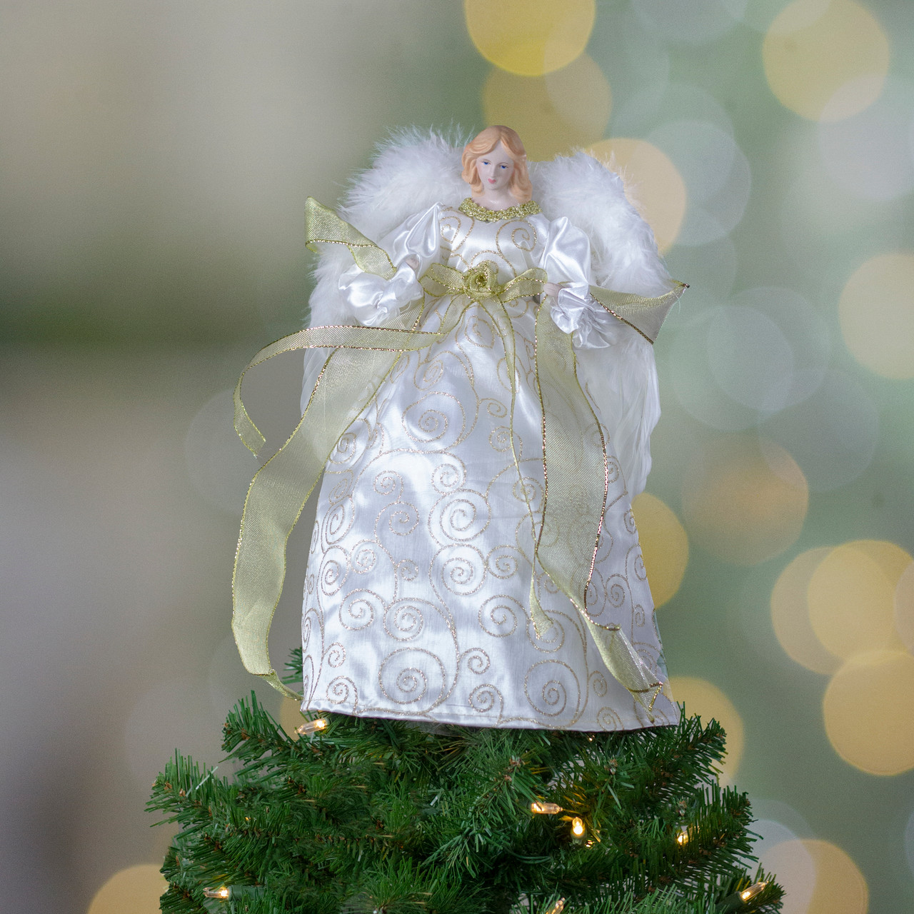 14" Lighted White & Gold Angel in a Dress Christmas Tree Topper - Warm  White Lights | Christmas Central