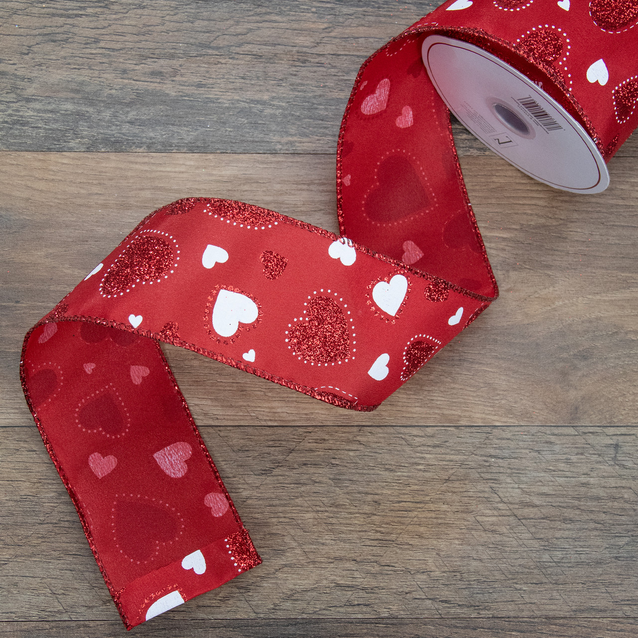 2.5 Red Sheer White Sparkle Hearts Valentine's Day Wire Ribbon (10 yards)