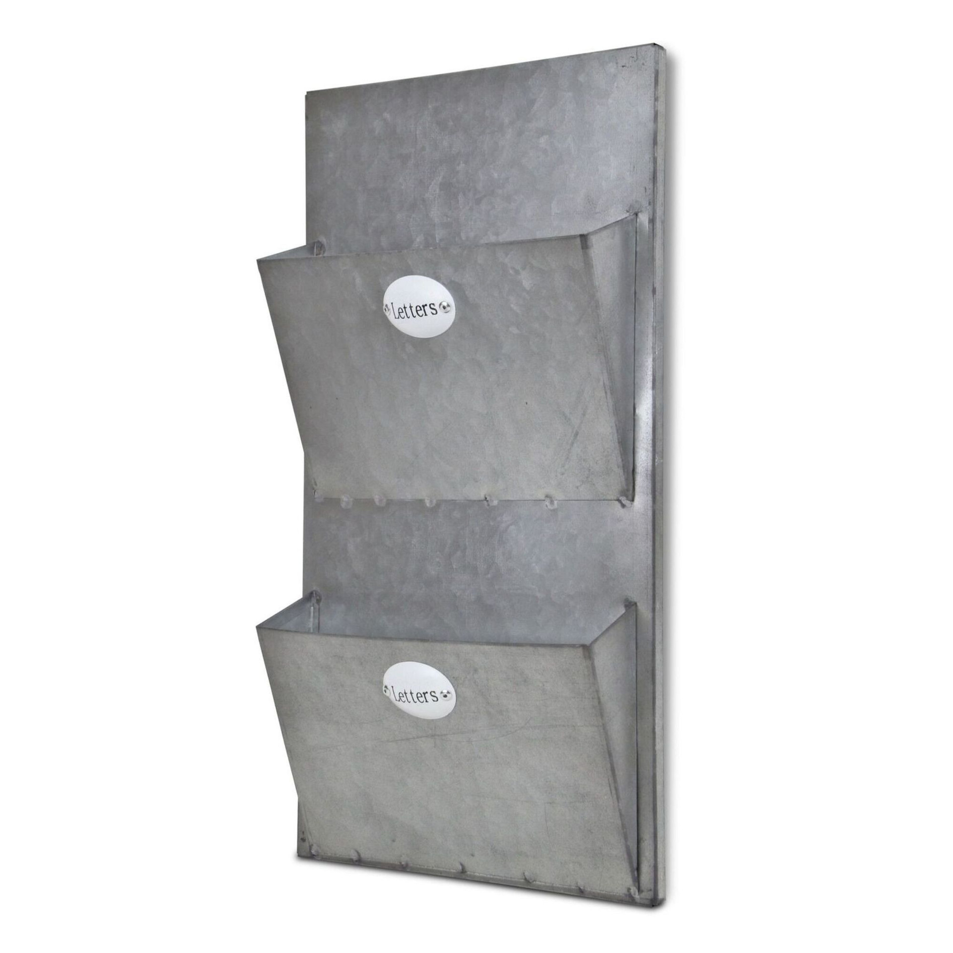 15.5" Galvanized Metal Two Pocket Wall Hanging Letter Holder