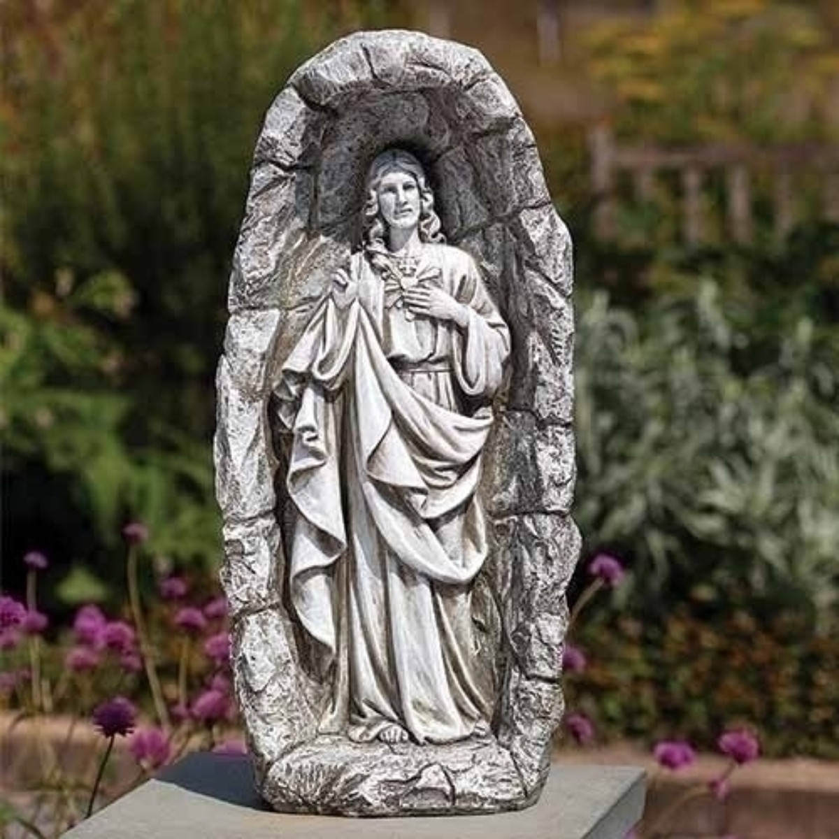 18.75" Distressed Solar Powered LED Sacred Heart Outdoor Garden Statue