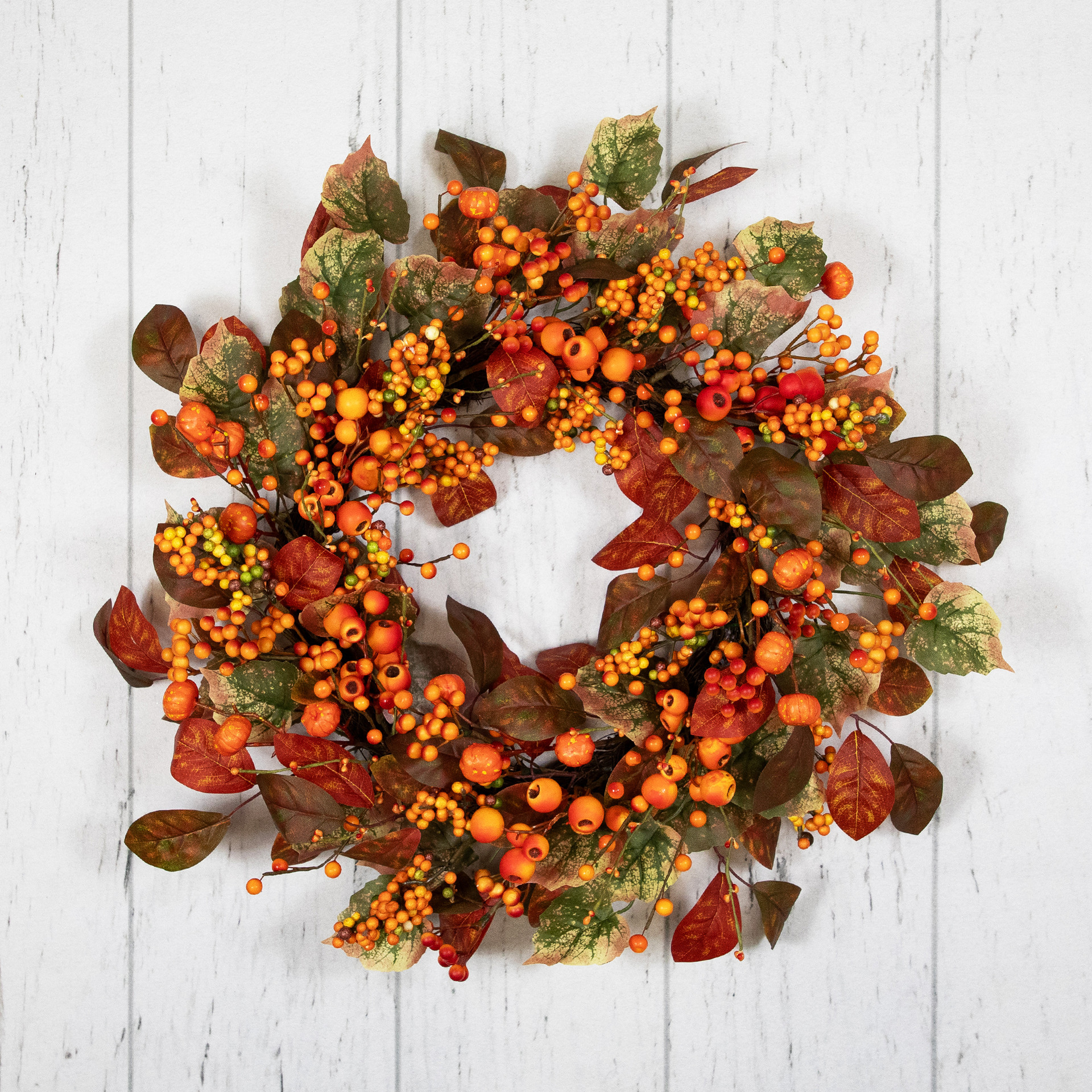 Berries & Pumpkins Artificial Fall Harvest Wreath - 24" - Orange ...