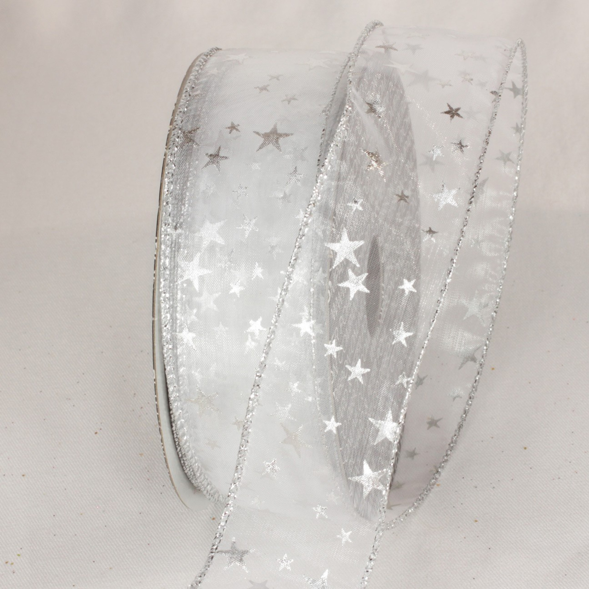 Silver Stars Sheer Wired Ribbon 1.5