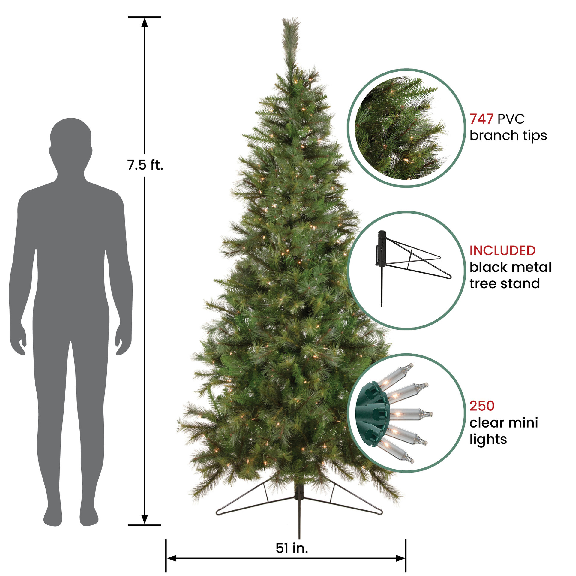 7.5' Pre-Lit Slim Canyon Pine Half Wall Artificial Christmas Tree ...