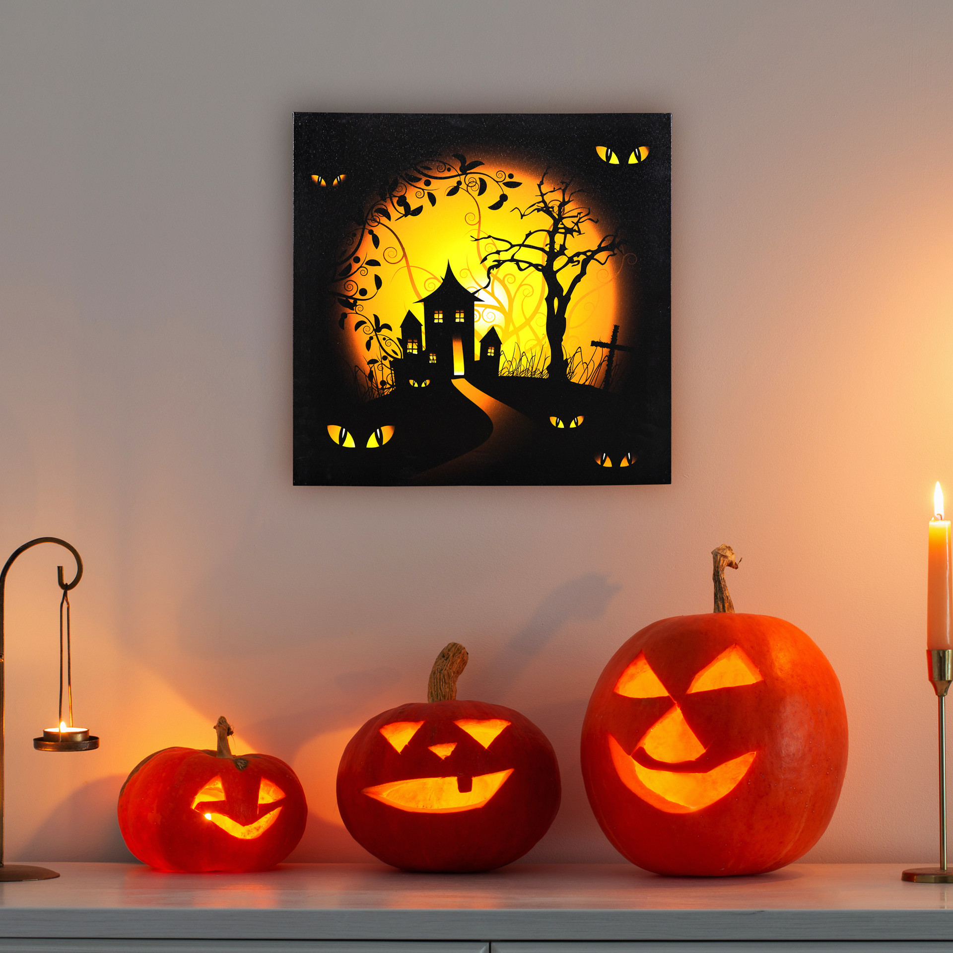 LED Lighted Jack-O-Lanterns & Leaves Halloween Canvas Wall Art 15.75" x ...