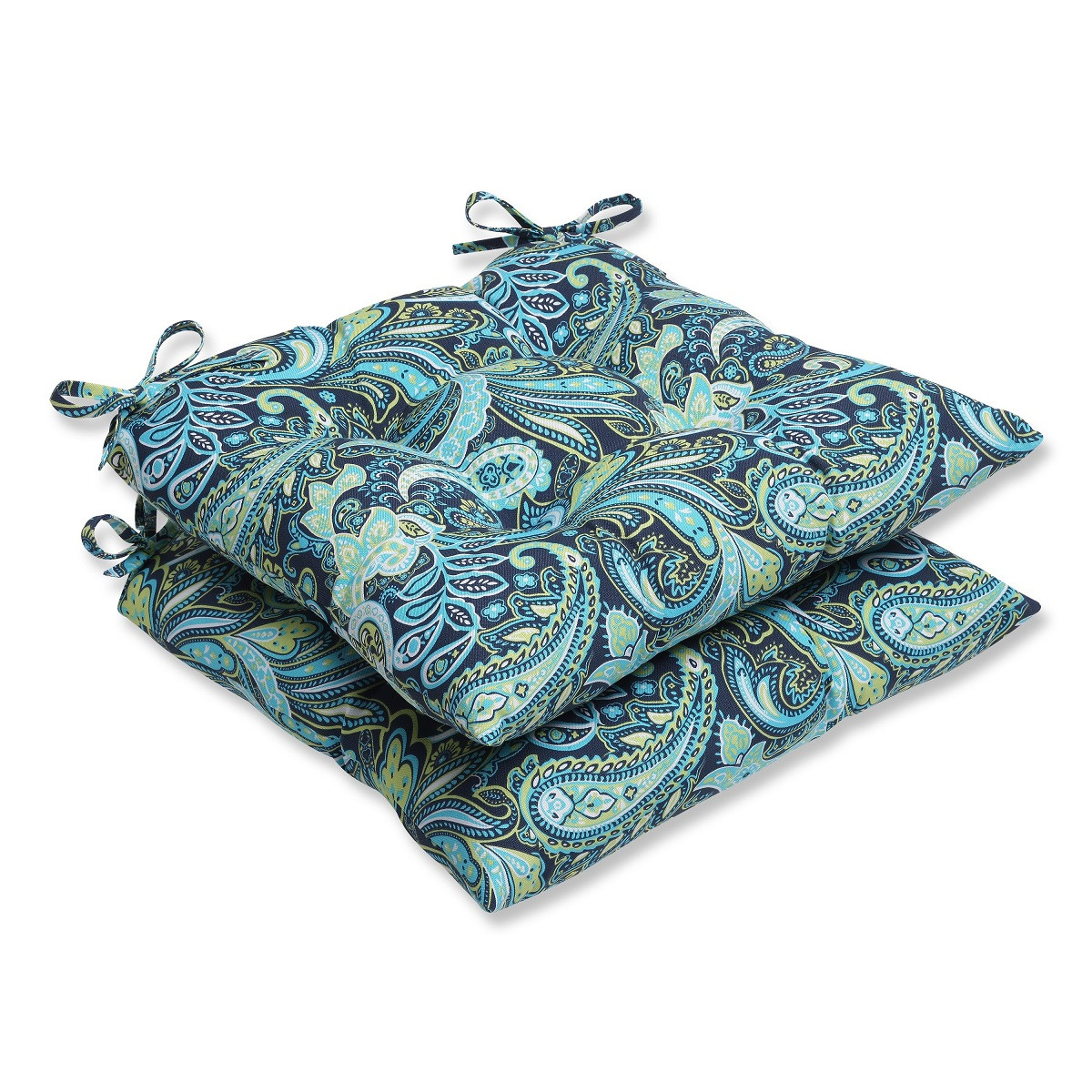 Set of 2 Blue & Green Paisley Outdoor Tufted Patio Chair Cushions 19