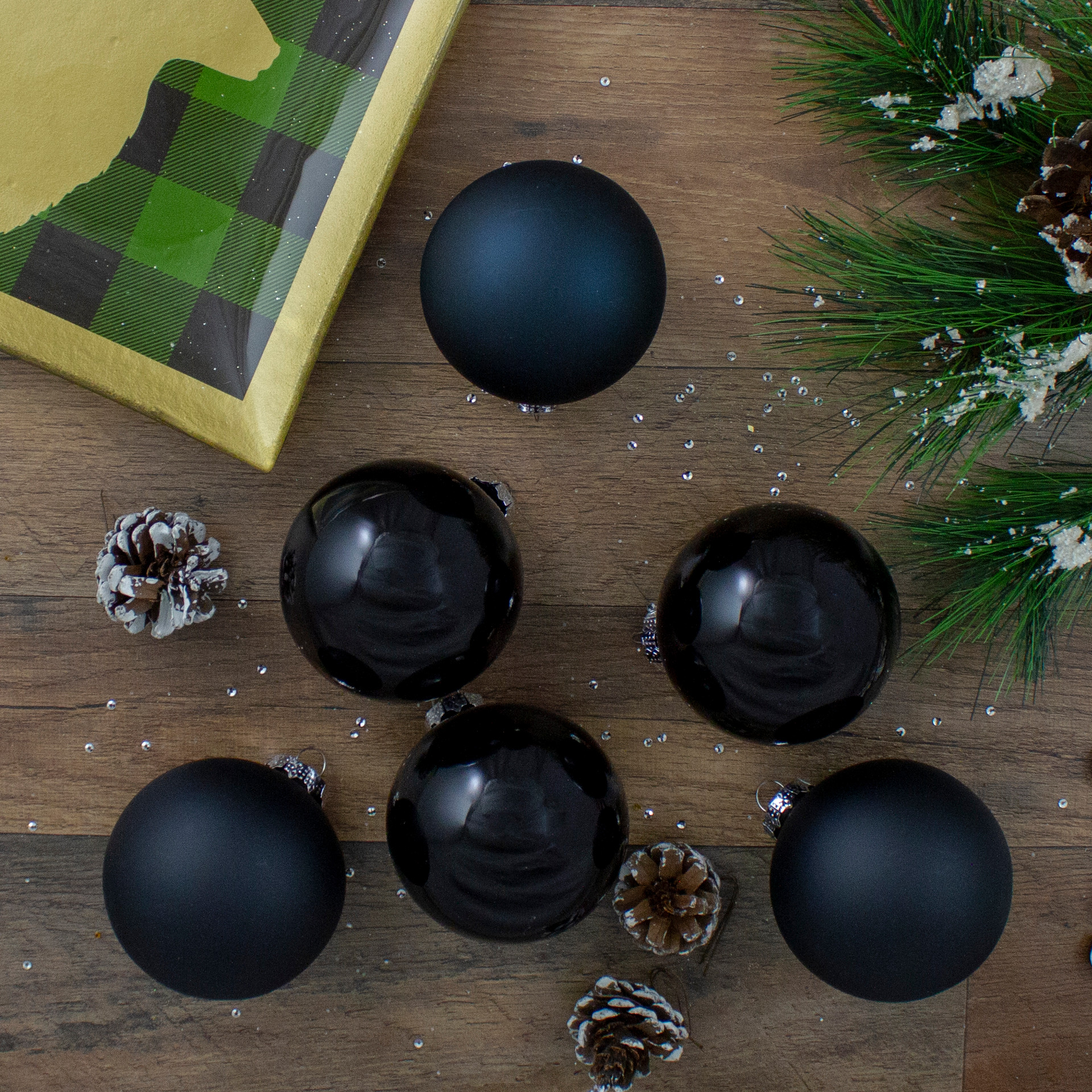 6ct Black Glass 2Finish Christmas Ball Ornaments 3.25" (80mm