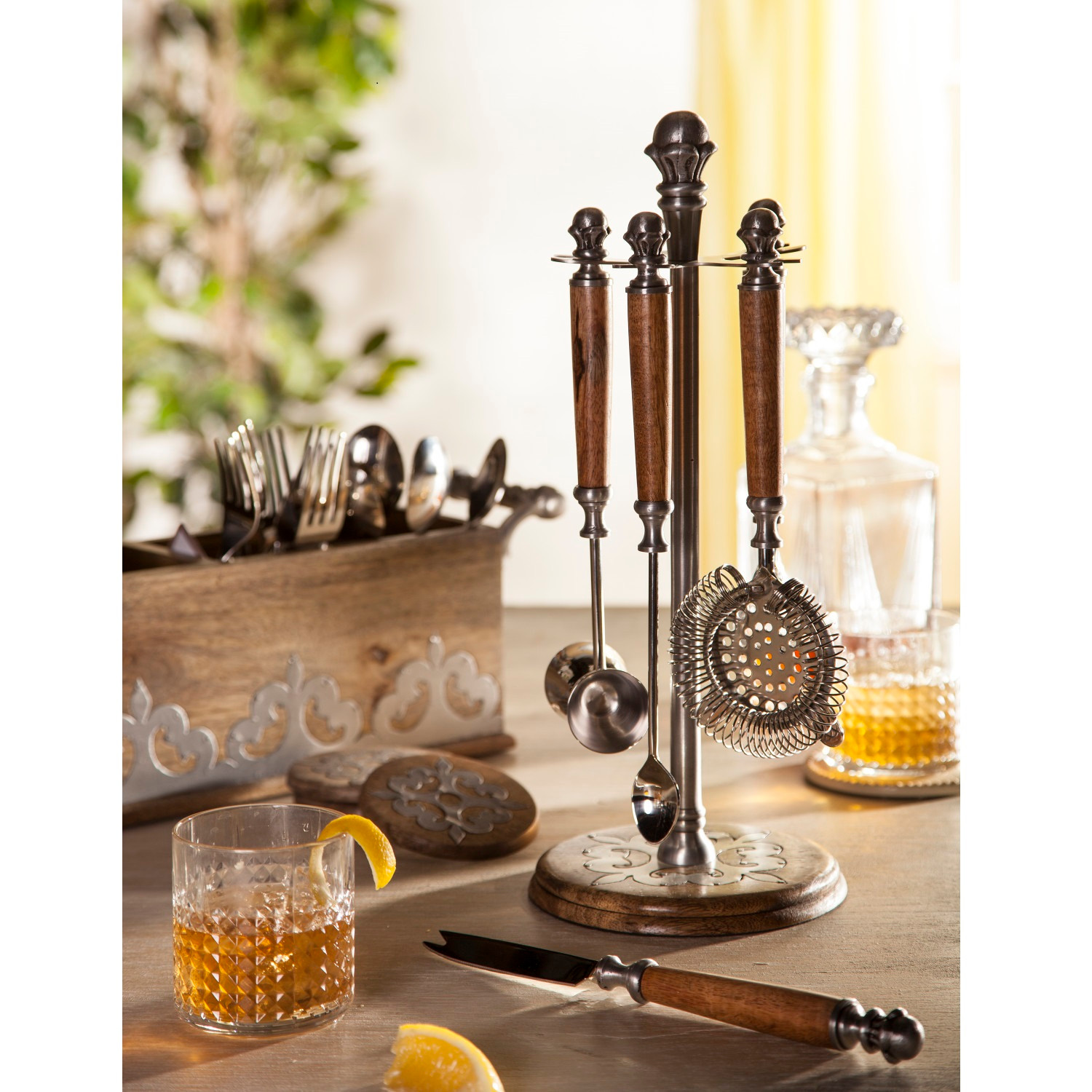 16" Brown & Silver Rectangular Wooden & Metal Flatware Caddy