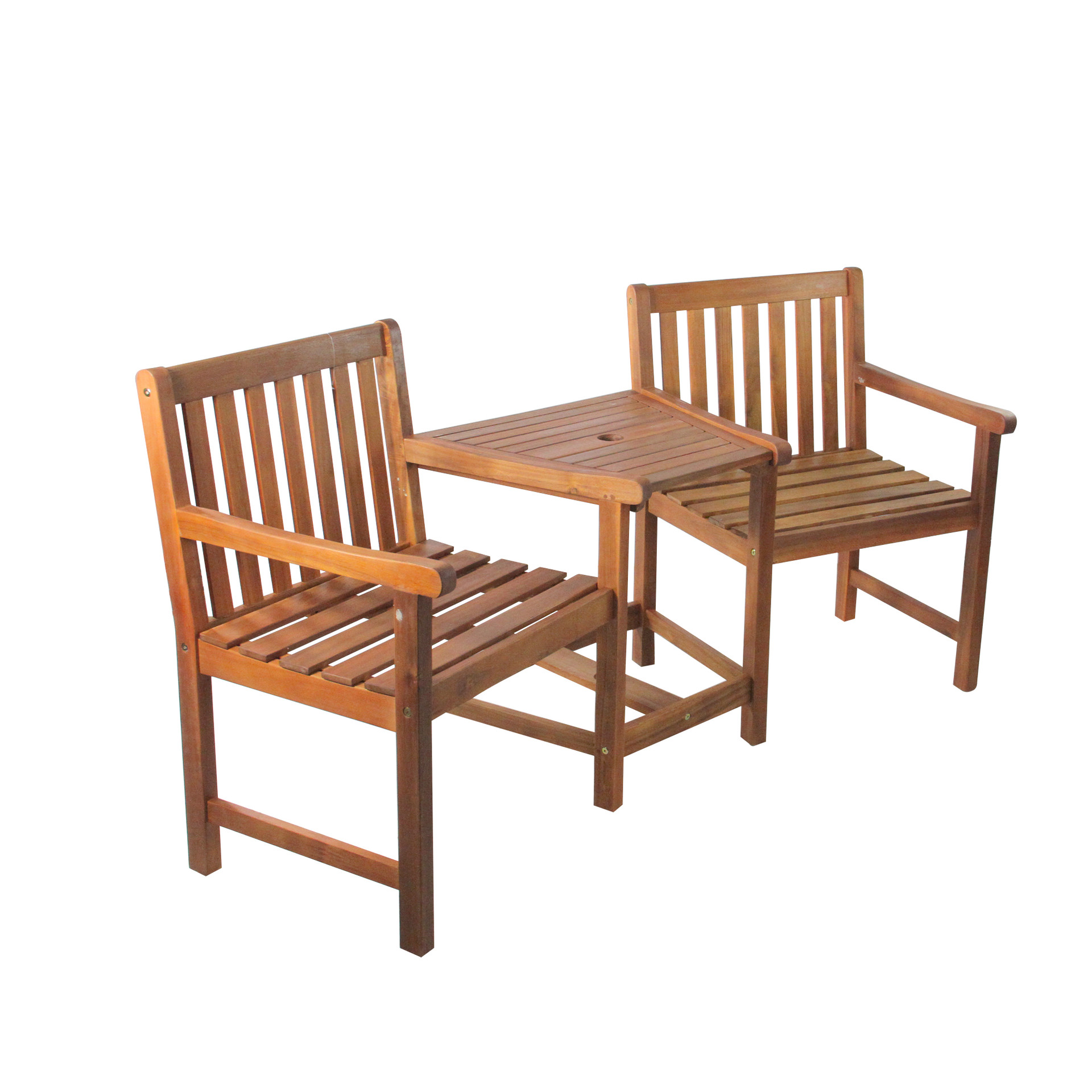 3Piece Brown Acacia Wood Jack & Jill Chair With Table Outdoor Patio