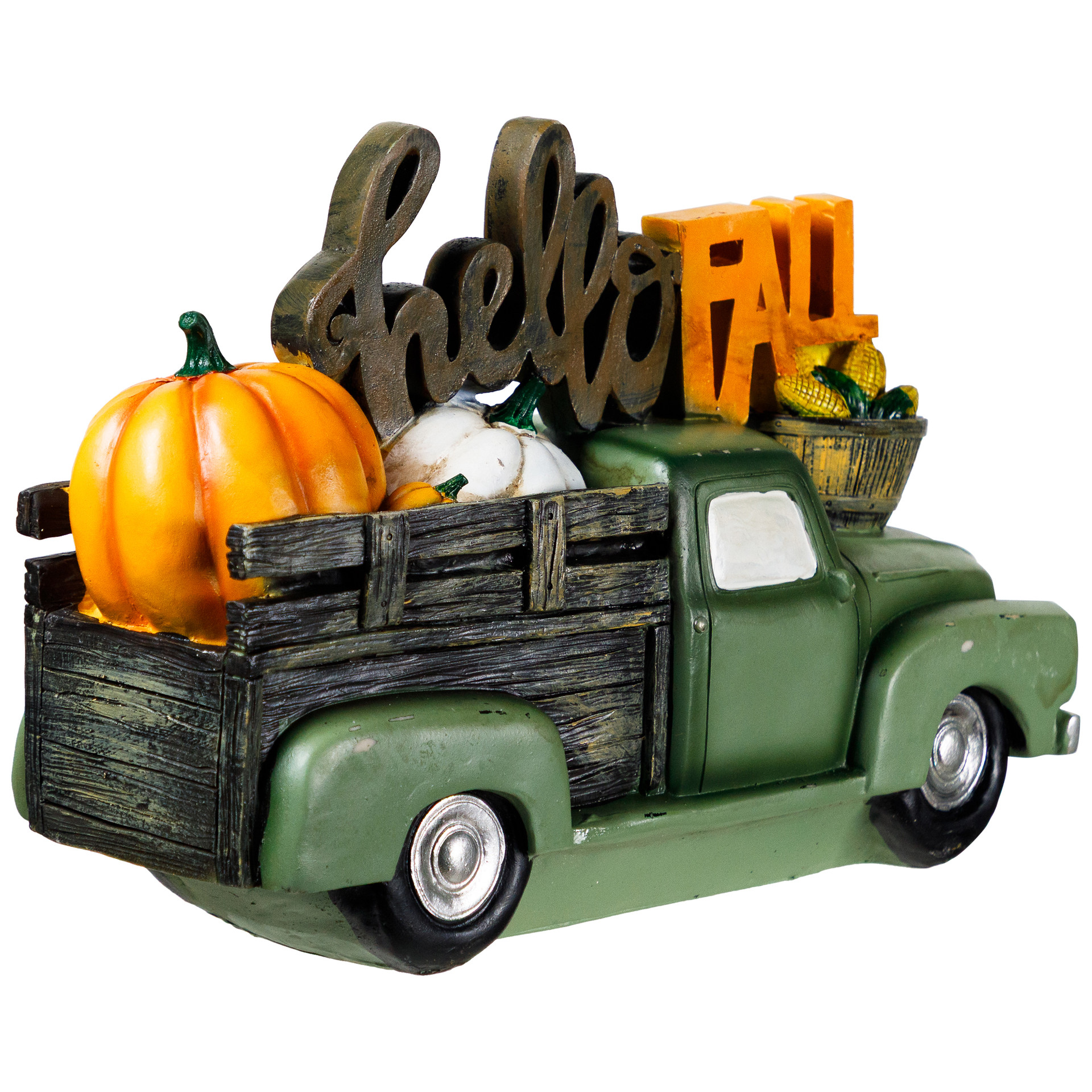 11.25" Green Truck Hello Fall Autumn Harvest Tabletop Decoration