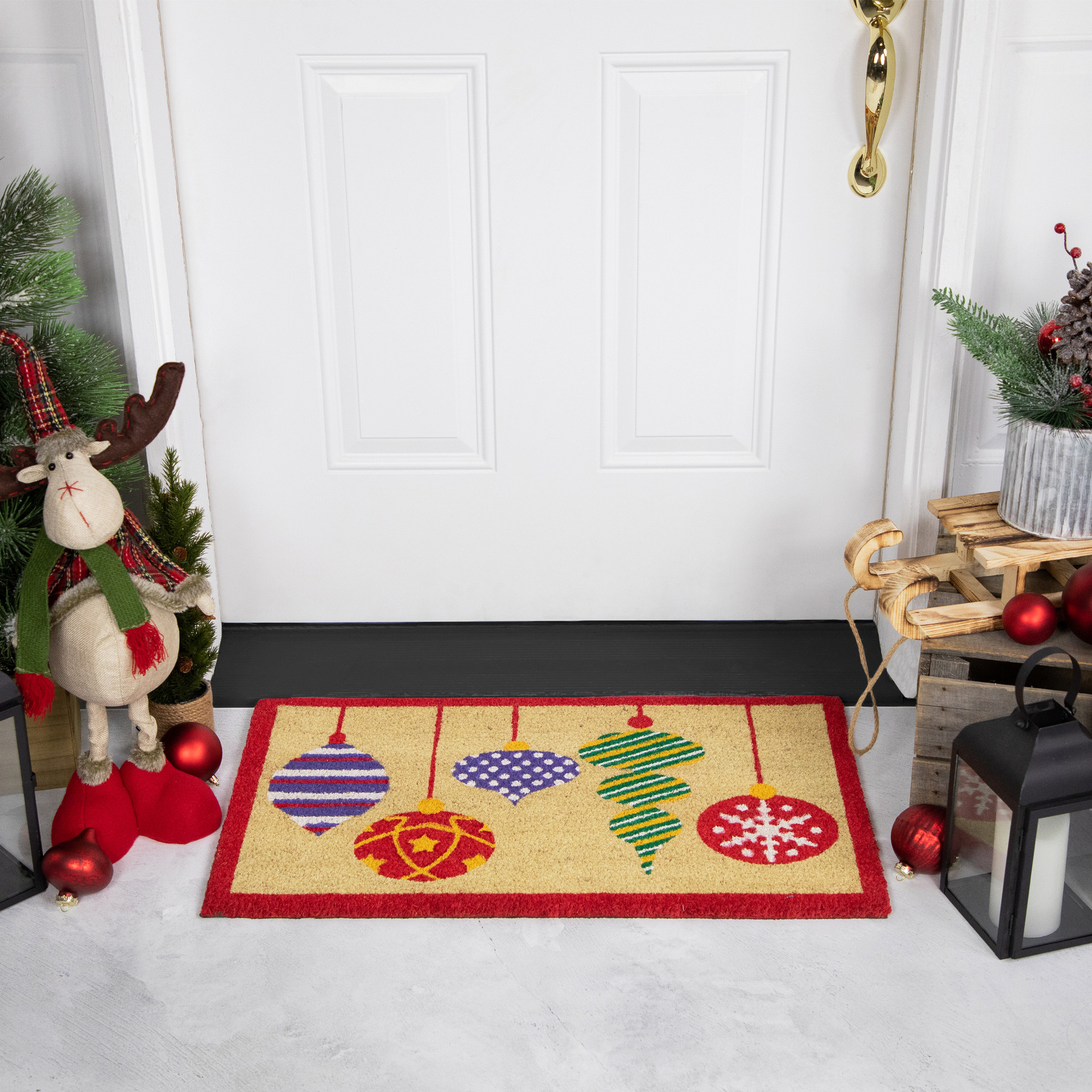 Brightly Colored Mixed Christmas Ornaments Doormat with Red Border 30