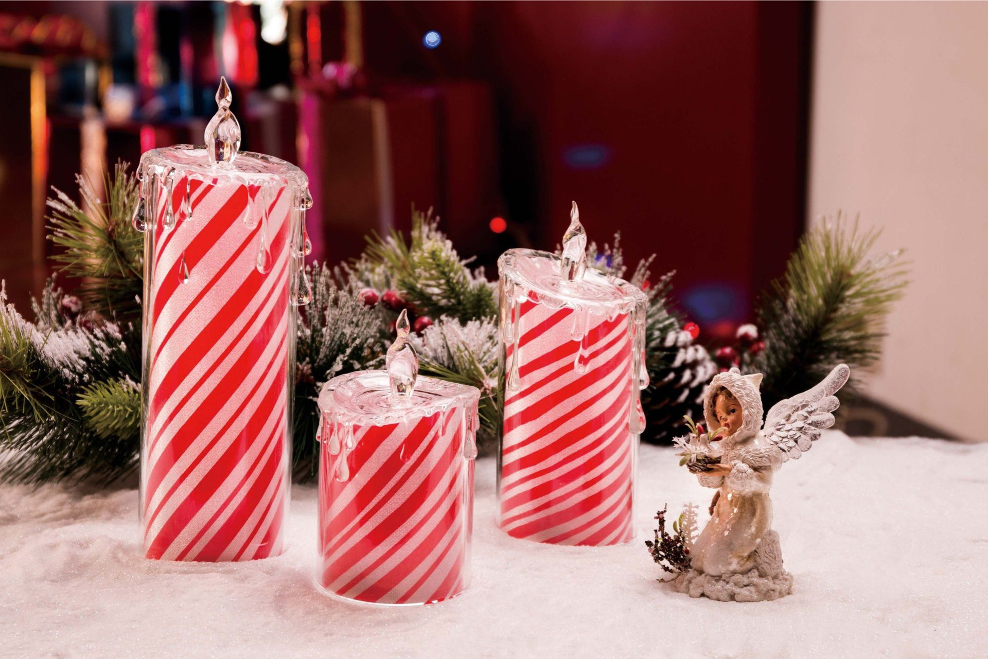 Set of 6 Red & White LED Lighted Peppermint Candles Set Tabletop Decor