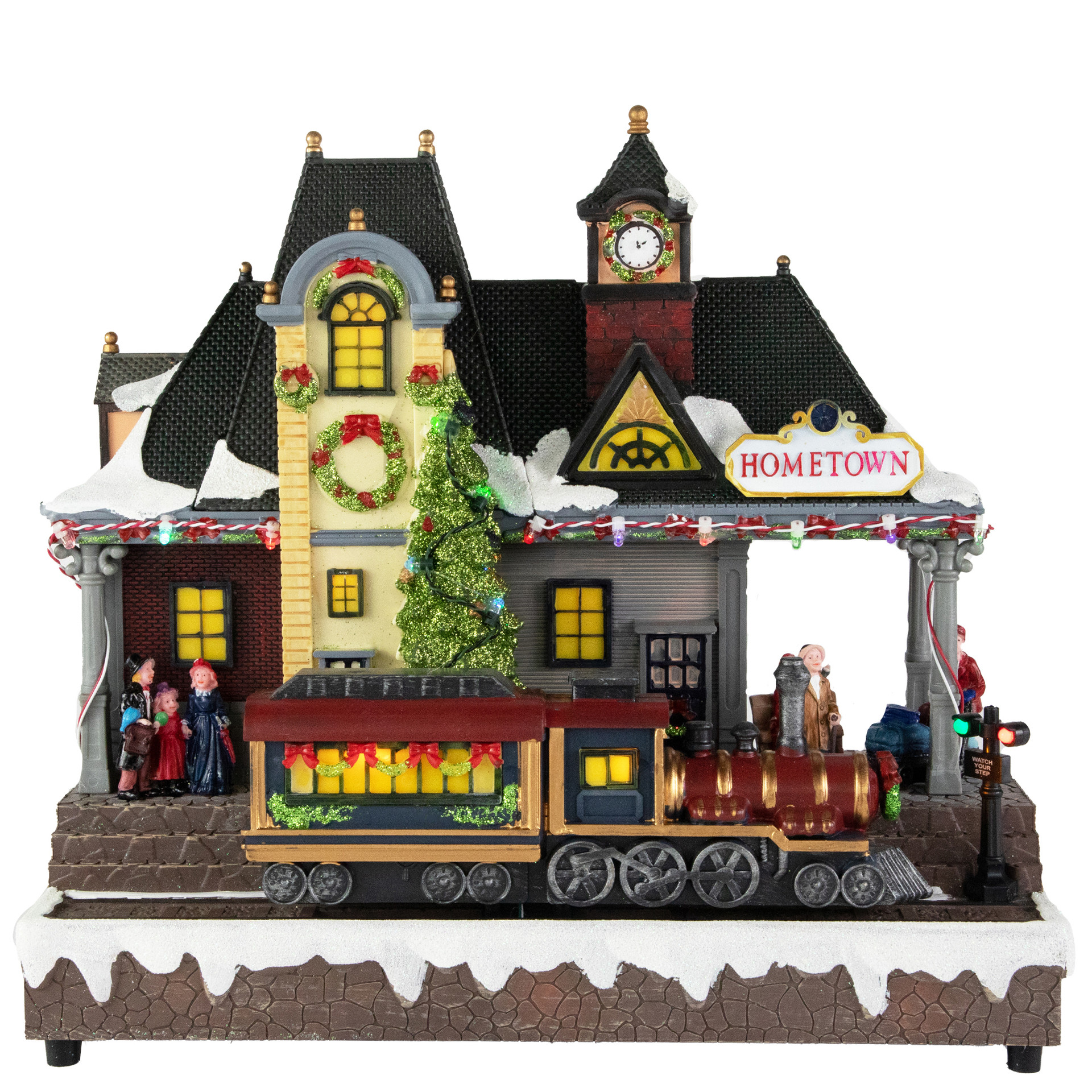 13" Brown & Green LED lighted Christmas Village Tabletop Decor