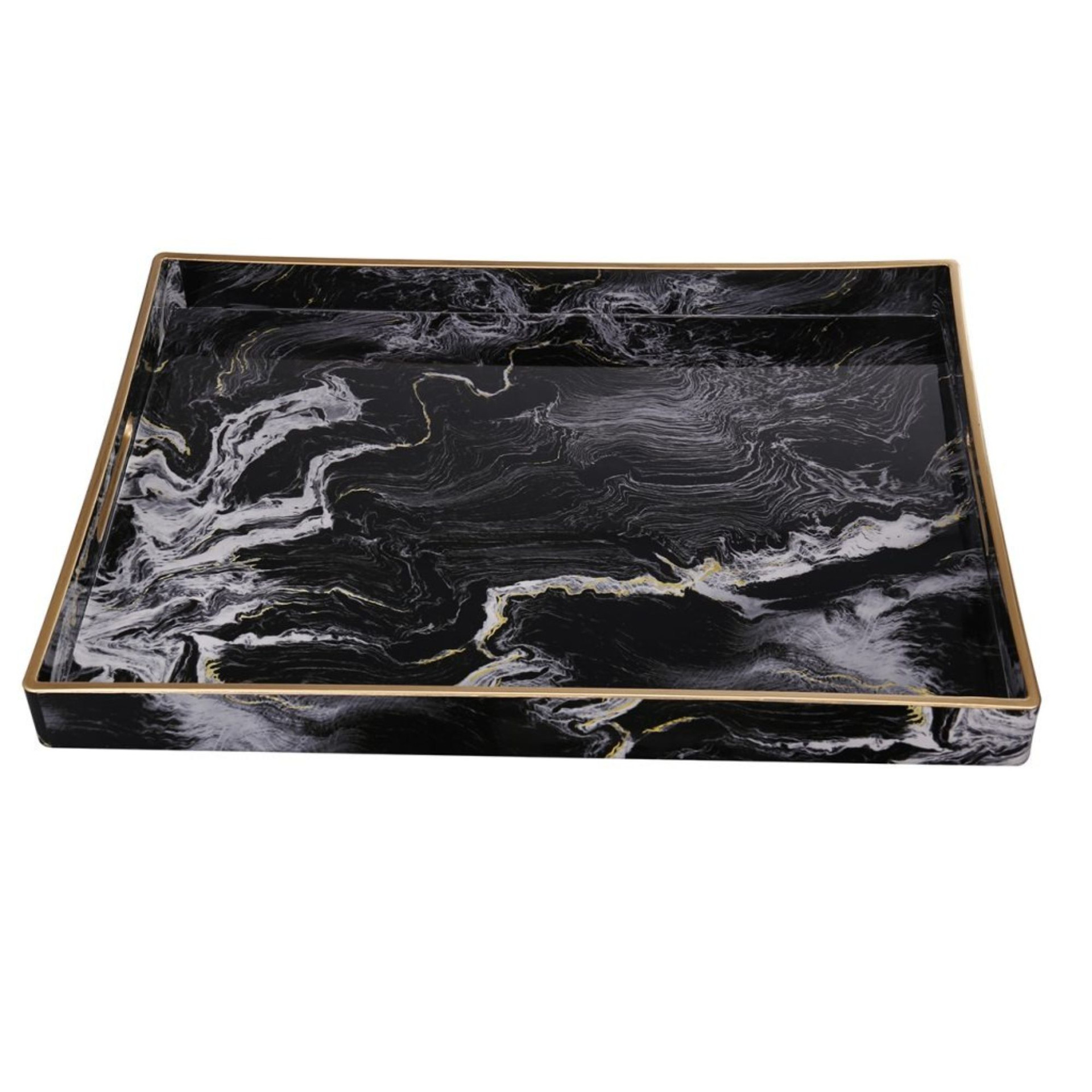 Set of 2 Black & White Quinn Rectangular Trays with Gold Accents 18.75 ...