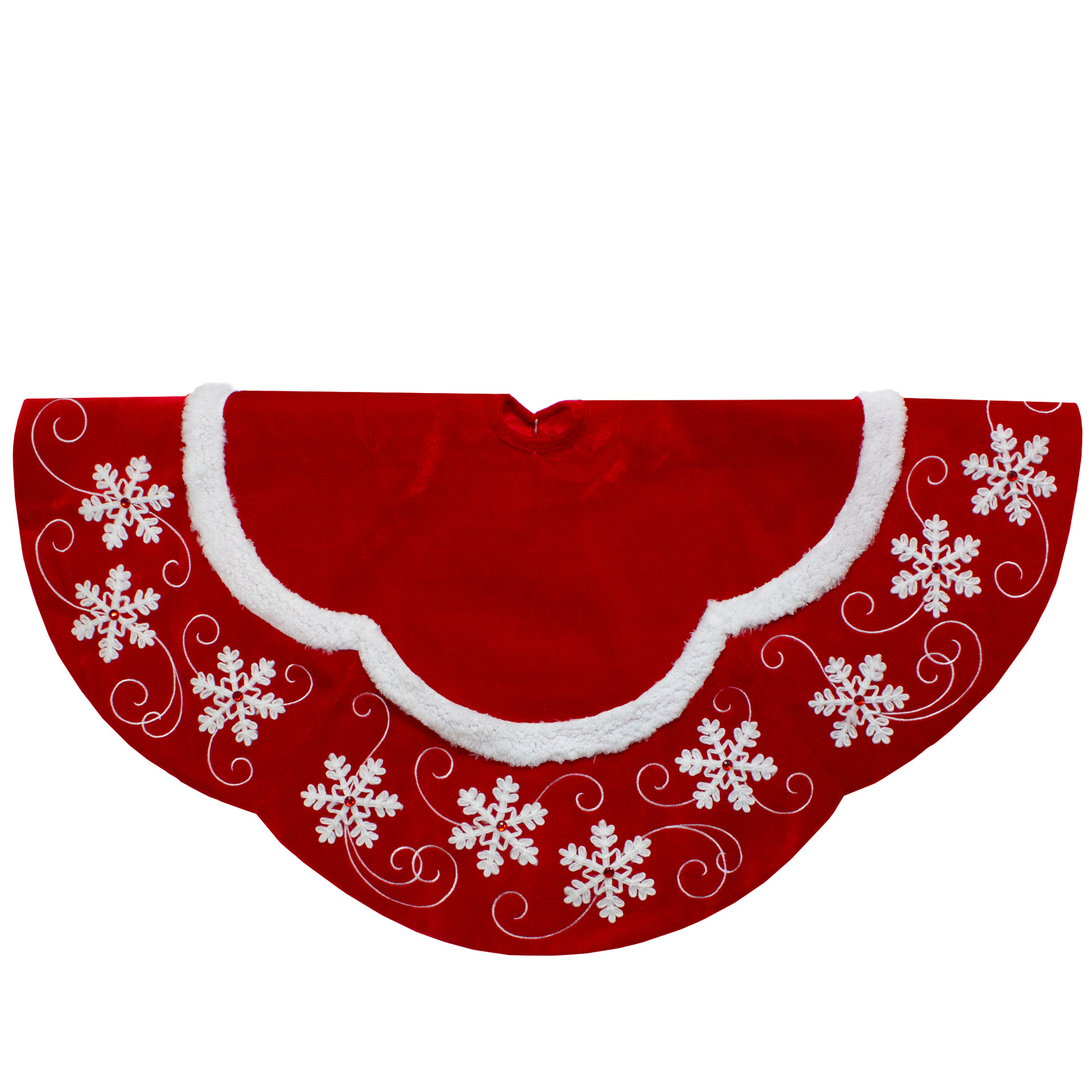 48Inch Velvet Red & White Snowflake Scallop Christmas Tree Skirt