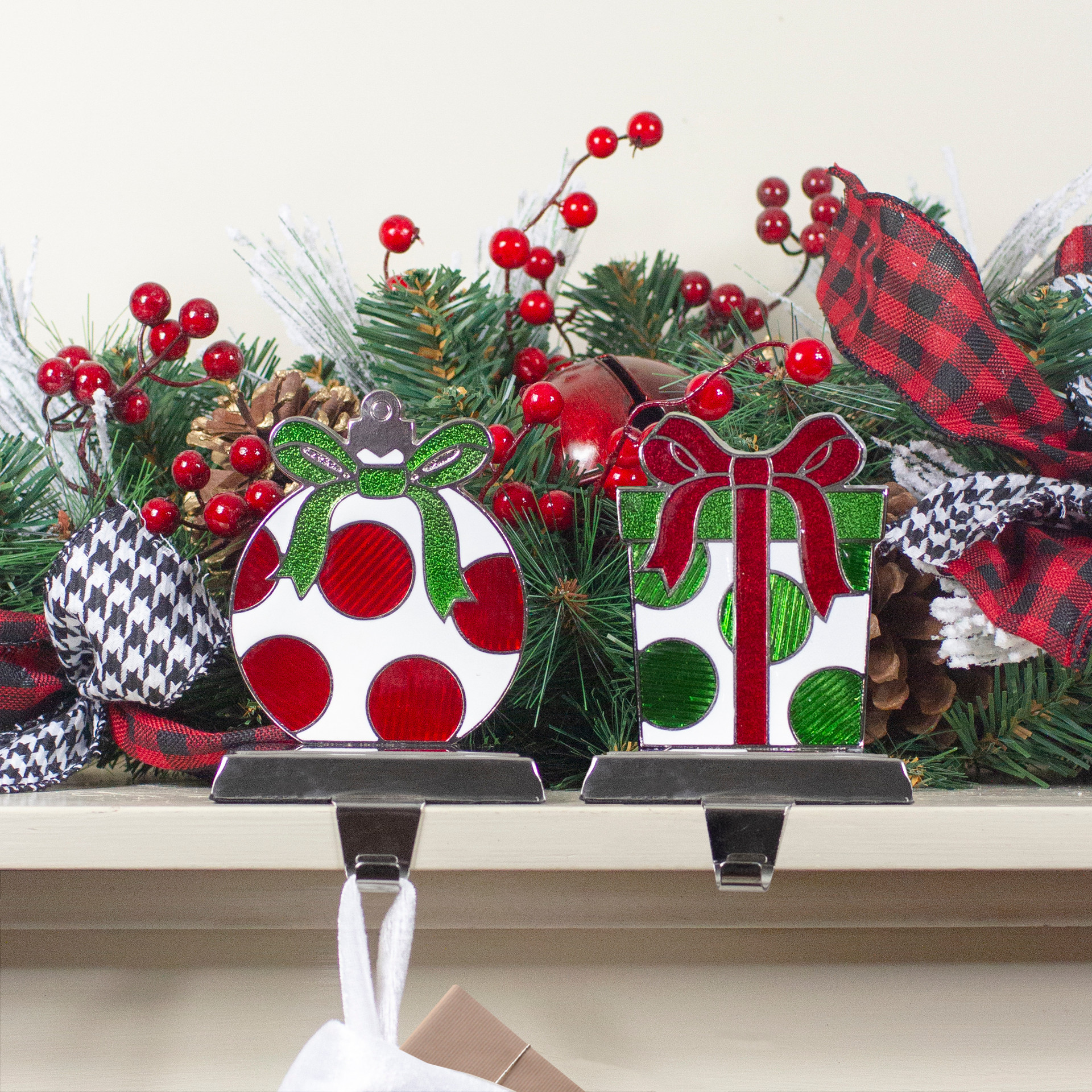 Set of 2 Green, Red, & Silver Gift Box Christmas Stocking Holder
