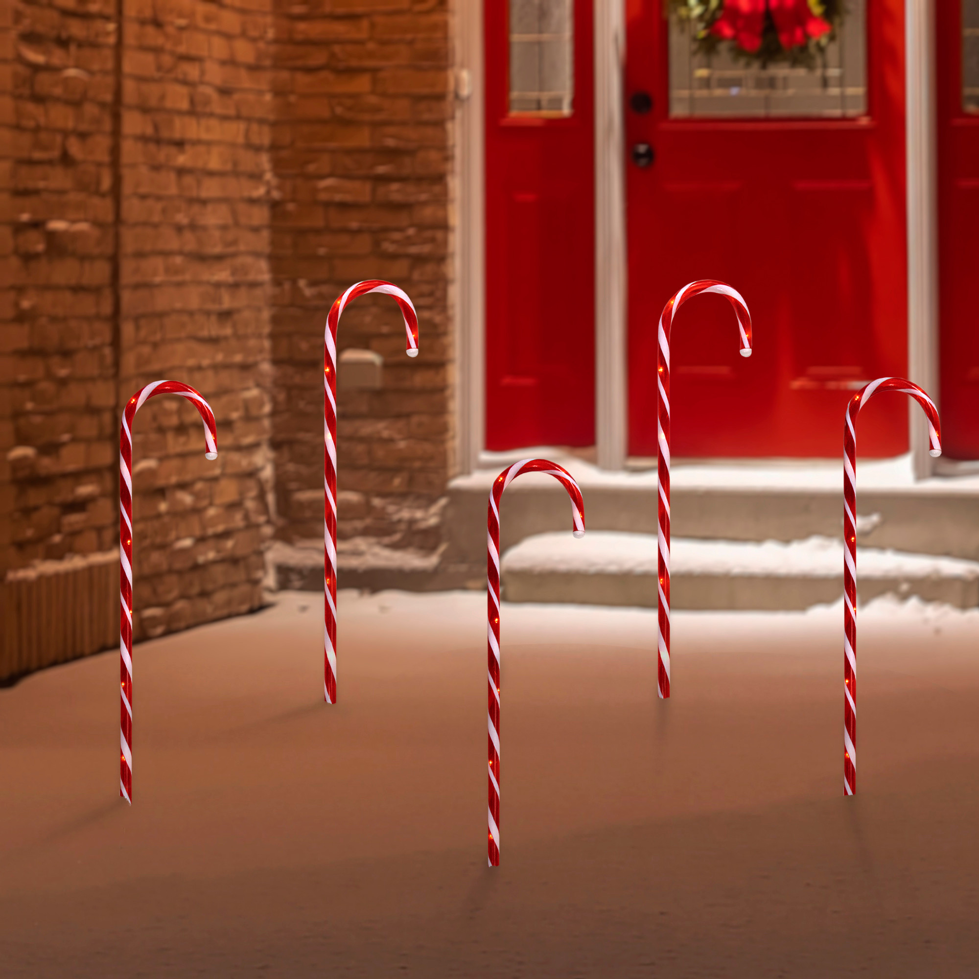 Set of 5 Red Lighted Candy Cane Christmas Lawn Stakes 28" Christmas