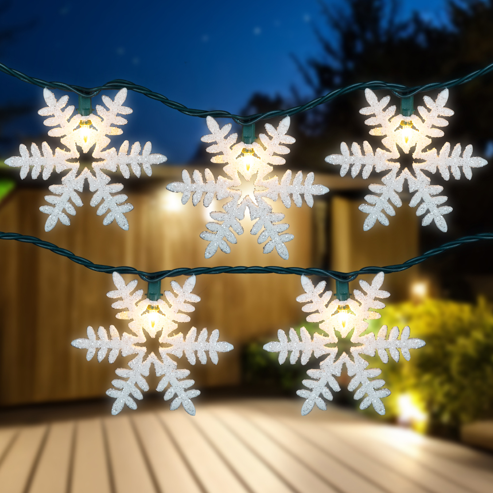 10-Count White Glittered Snowflake Christmas Light Set, 6ft Green Wire ...