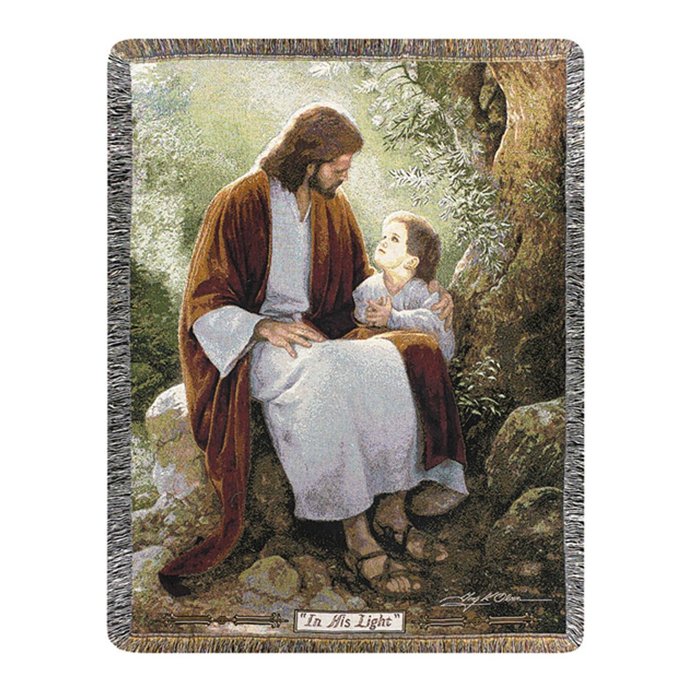 Brown & Green "In His Light" Jesus Religious Tapestry Throw Blanket 50