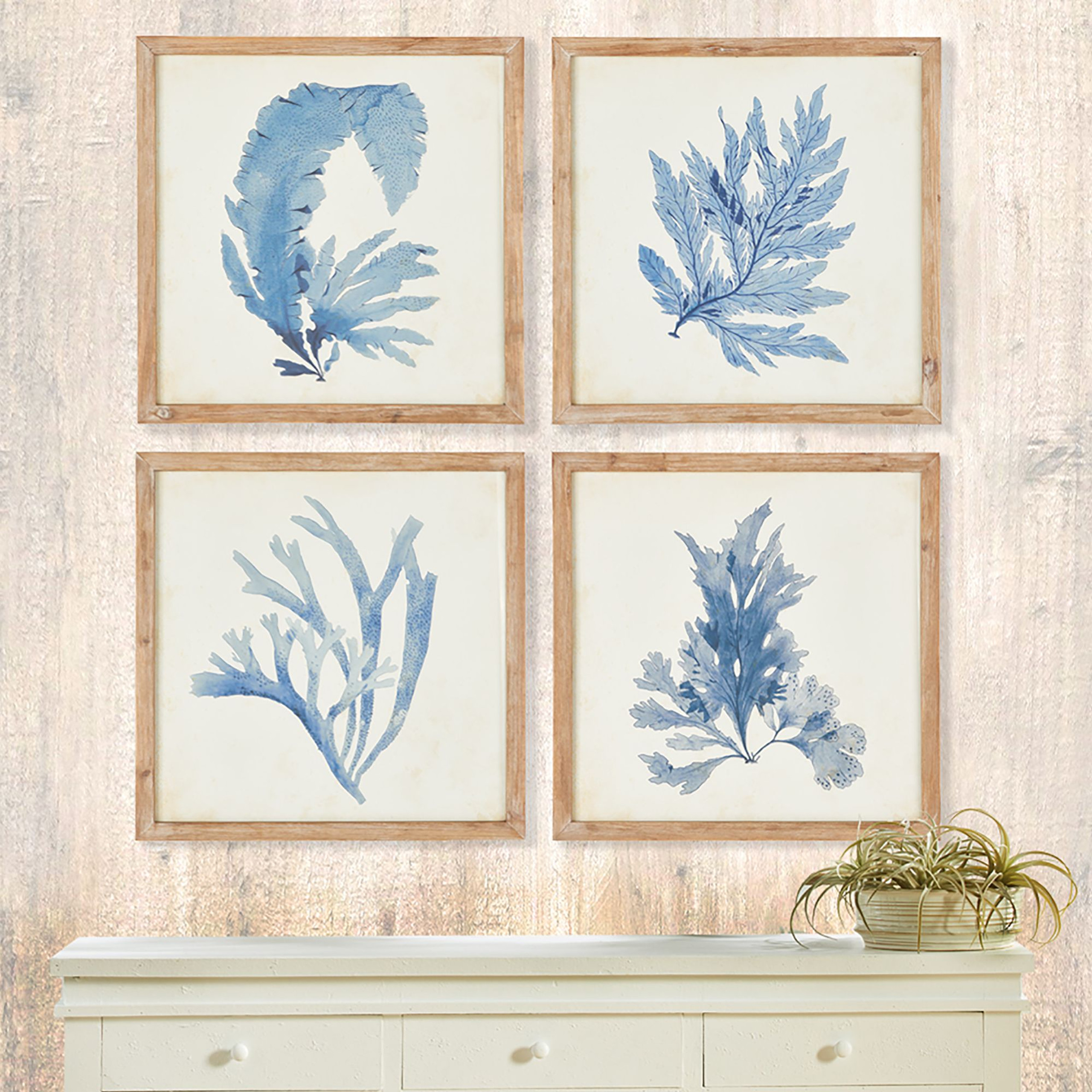 Set of 4 Blue & Brown Botanical Inspired Square Framed Wall Art Decors ...