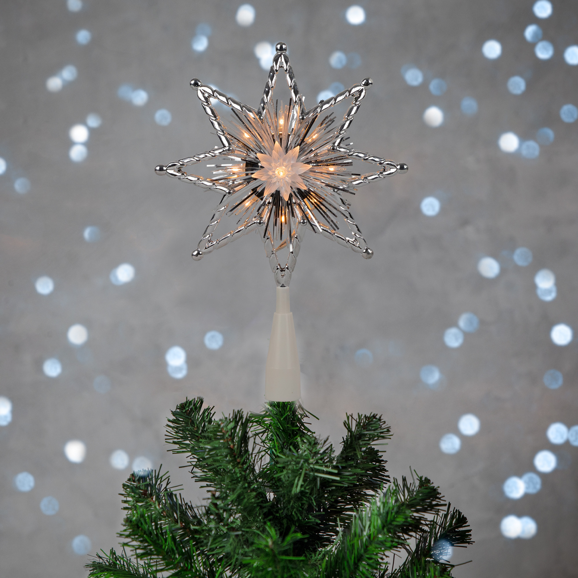 8" Lighted Silver Tinsel Star Christmas Tree Topper Clear Lights