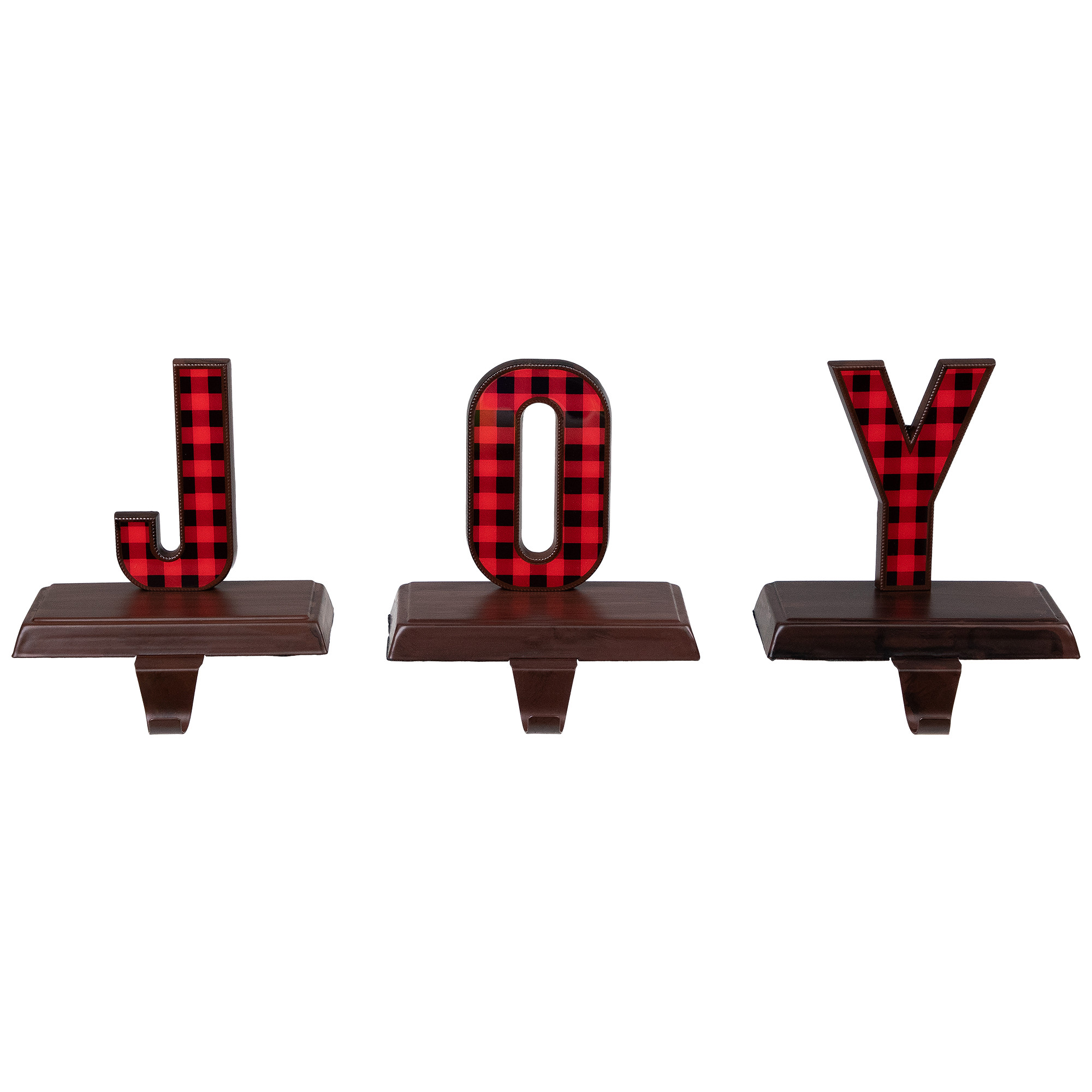 Set of 3 Red & Black Buffalo Plaid "JOY" Christmas Stocking Holder 6