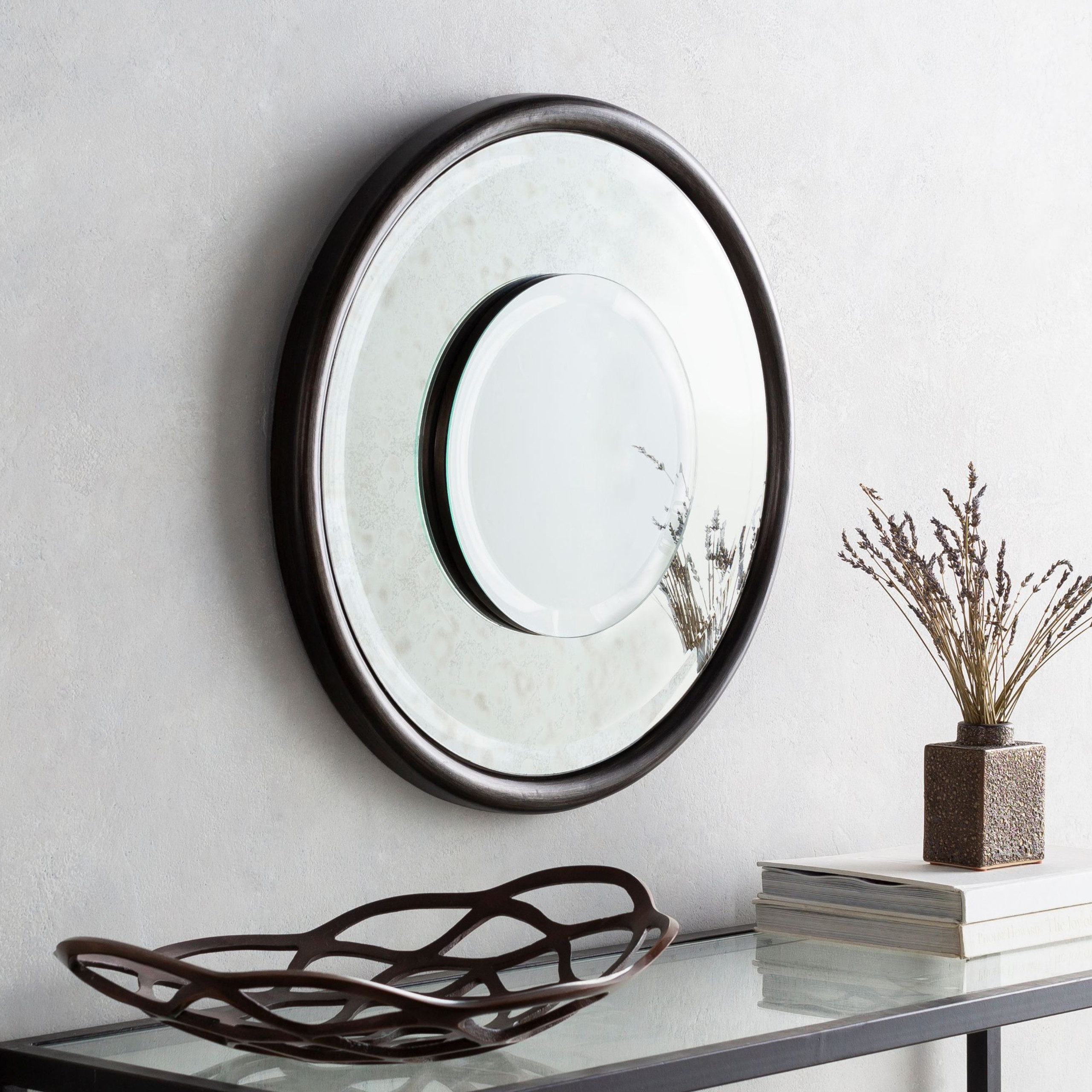 25.5" Antique Style Silver Colored Framed Beveled Circular Wall Mirror