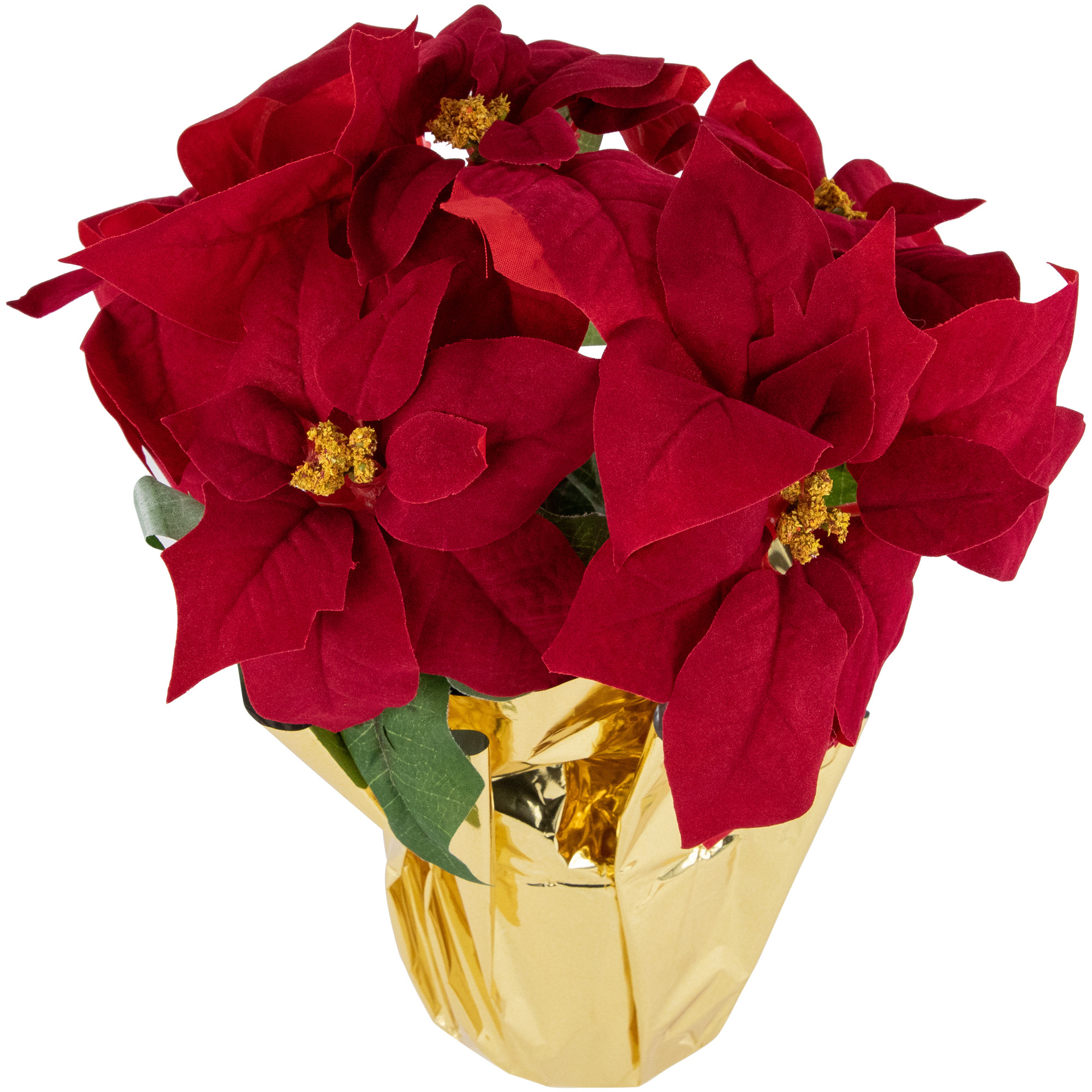16" Red Artificial Christmas Poinsettia Arrangement with Gold Wrapped