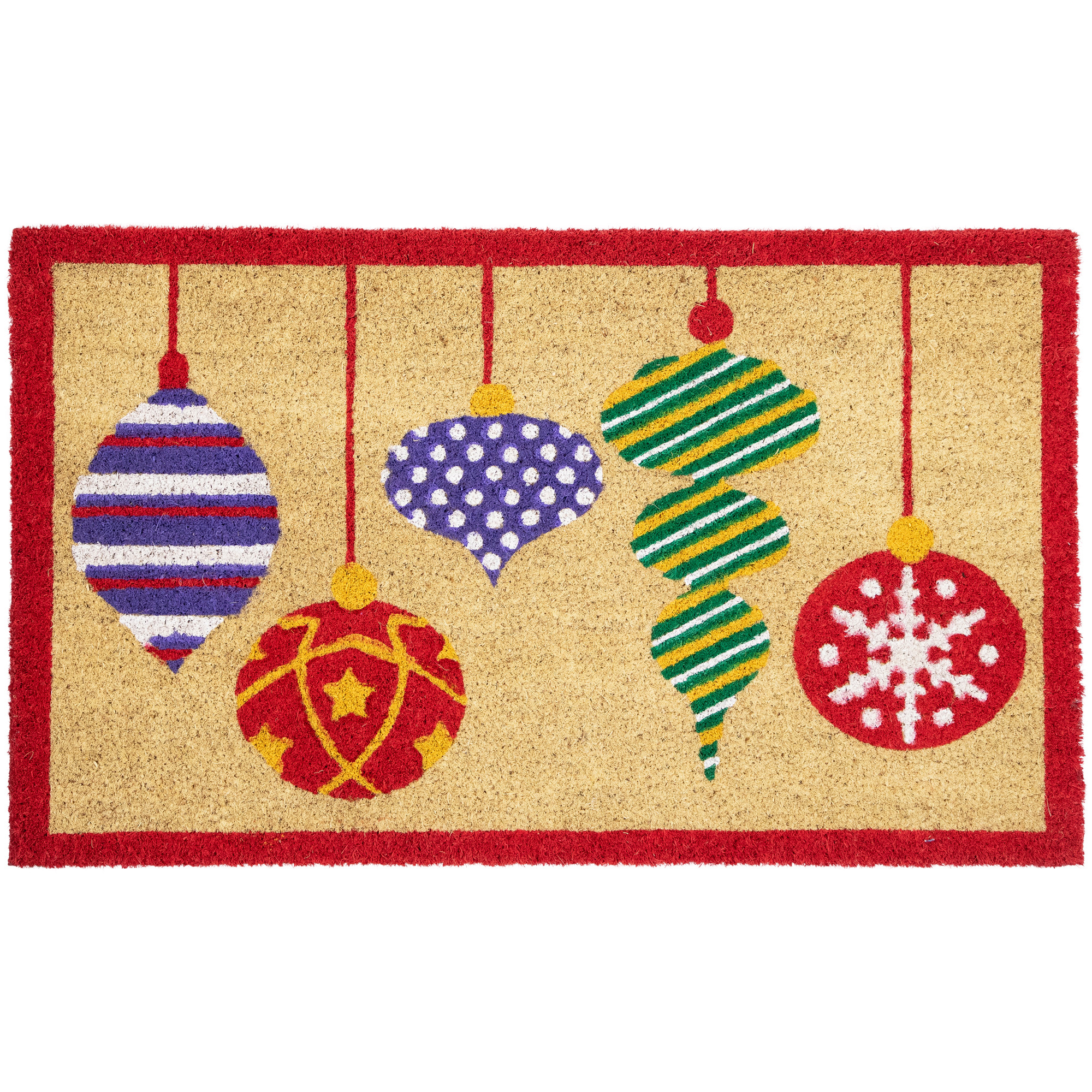 Brightly Colored Mixed Christmas Ornaments Doormat with Red Border 30