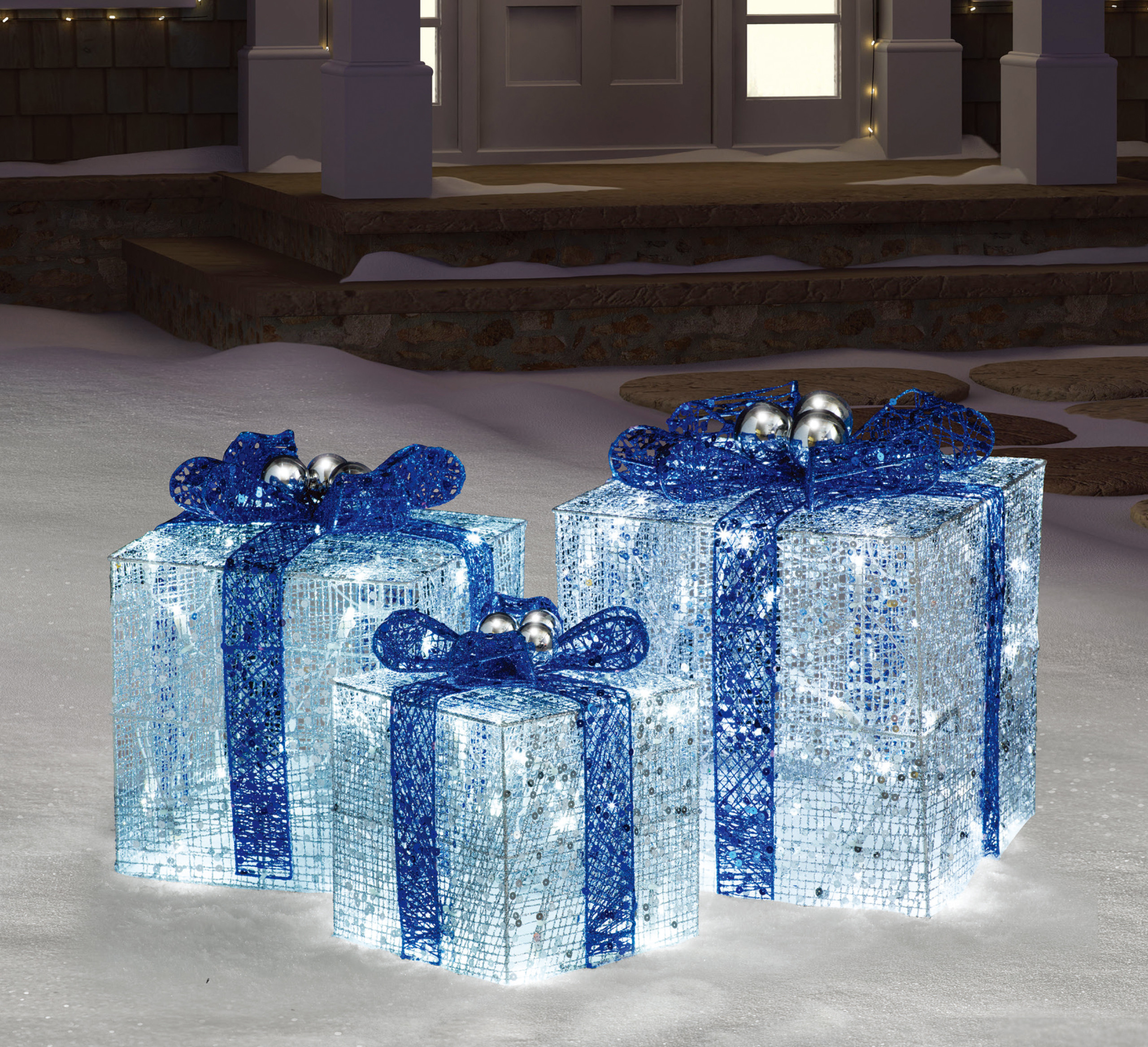 Set of 3 Lighted Silver & Blue Glitter Gift Box Christmas Outdoor