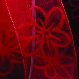 Sheer Red Flocked Flowers Wired Craft Ribbon 1.5