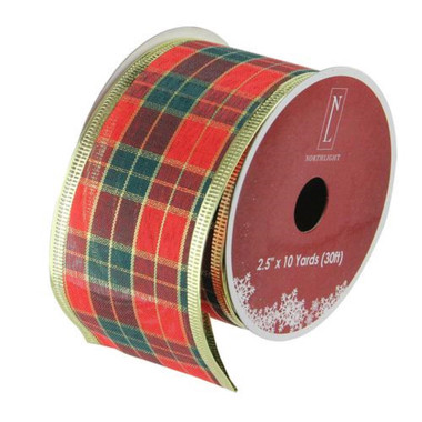 2.5” x 10 Yard Red Gold with Blue Plaid Ribbon - Decorator's Warehouse